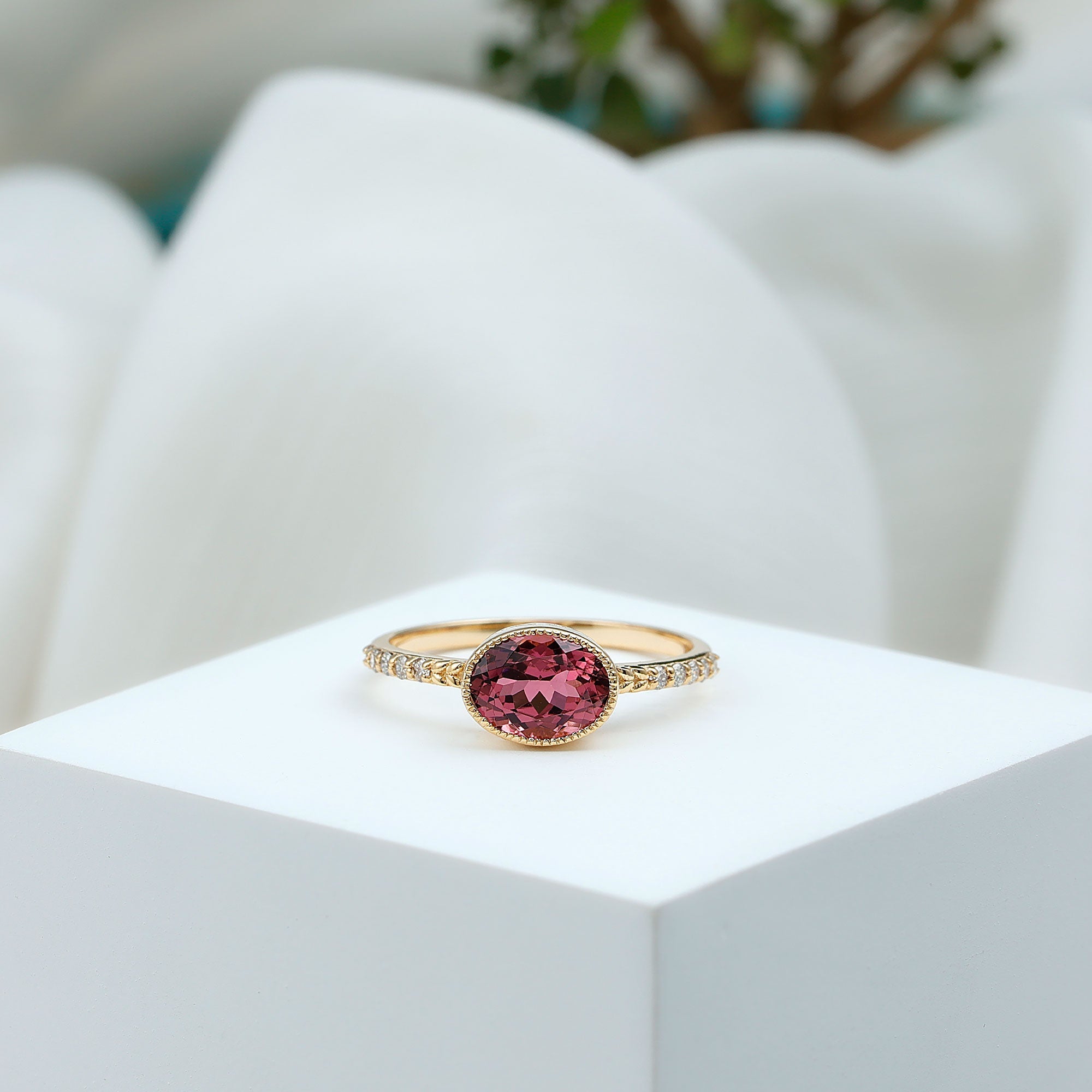 Pink Tourmaline Ring - 1 Carat Oval East West Engagement Ring With Diamond Side Stones