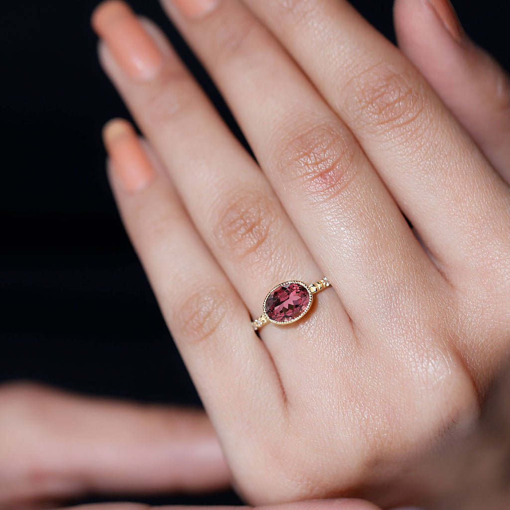 Pink Tourmaline Ring - 1 Carat Oval East West Engagement Ring With Diamond Side Stones