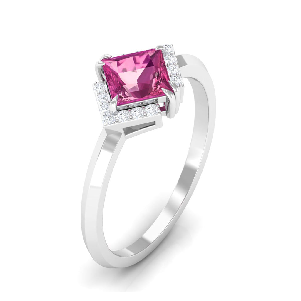 Pink Tourmaline Engagement Ring – Princess Cut 1 Carat Center Stone with Diamond Accents