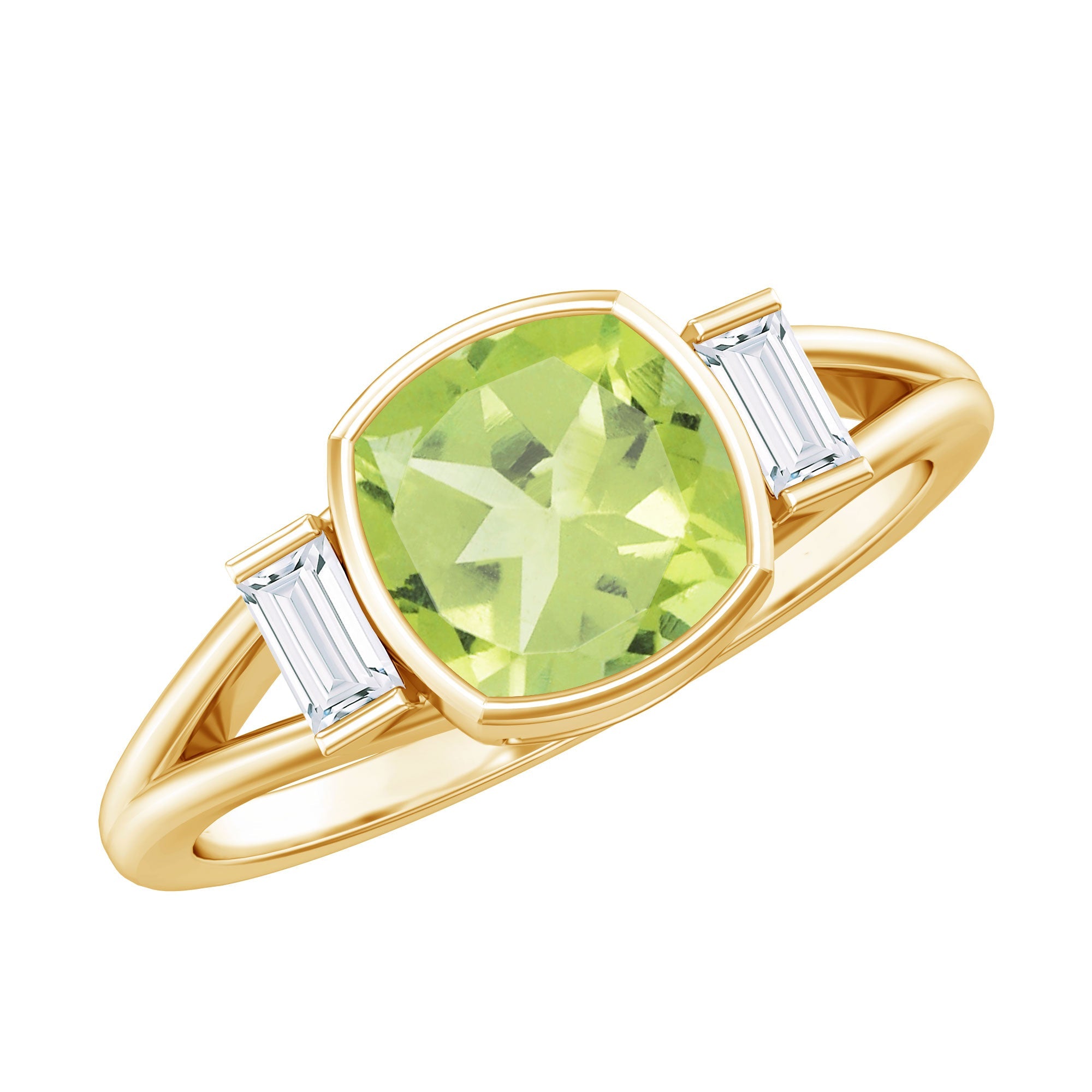 Peridot Engagement Ring - Natural 2 Carat Cushion Cut with Diamond Accent | Split Shank Band