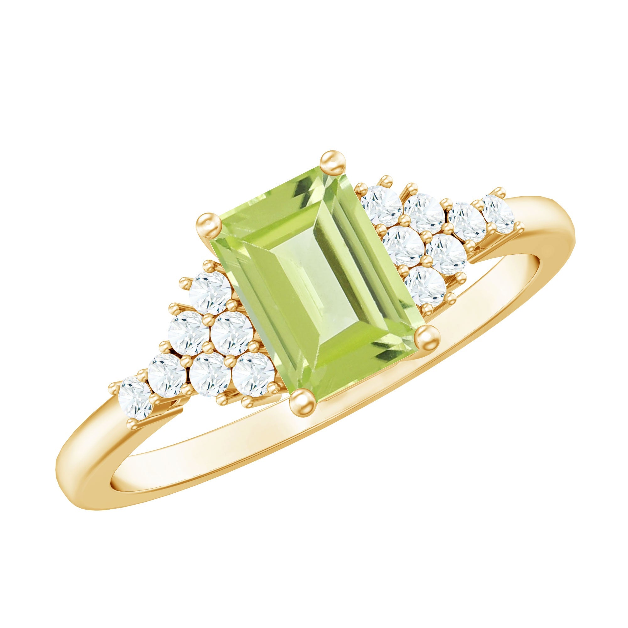Peridot Engagement Ring – 1.8 Carat Emerald Cut Natural Peridot with Diamond Side Stones