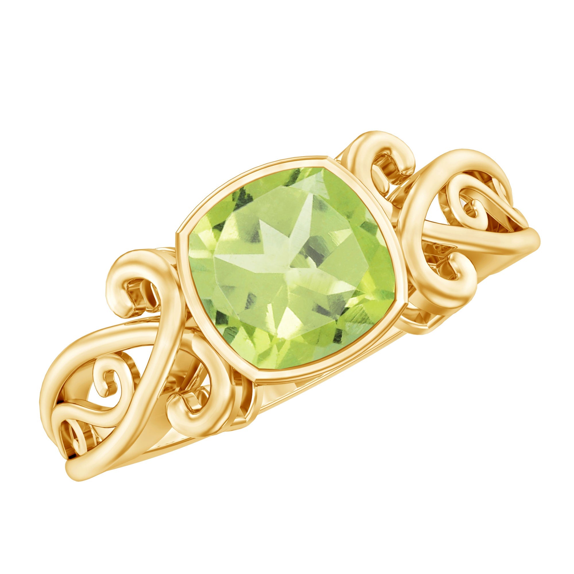 Peridot Engagement Ring – Vintage Cushion Cut 2 Carat Bezel Set Solitaire
