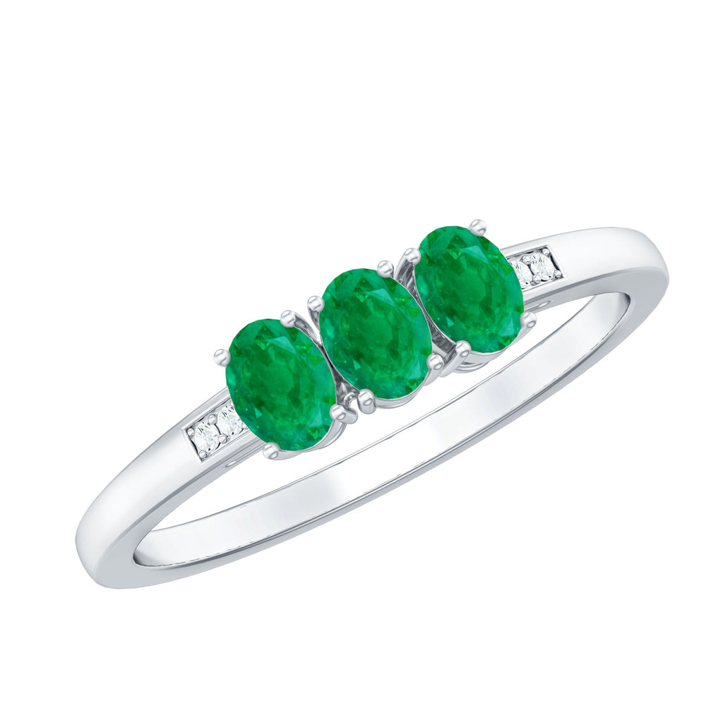 Oval Emerald Promise Ring – Three Stone Diamond Accent Prong Setting Ring