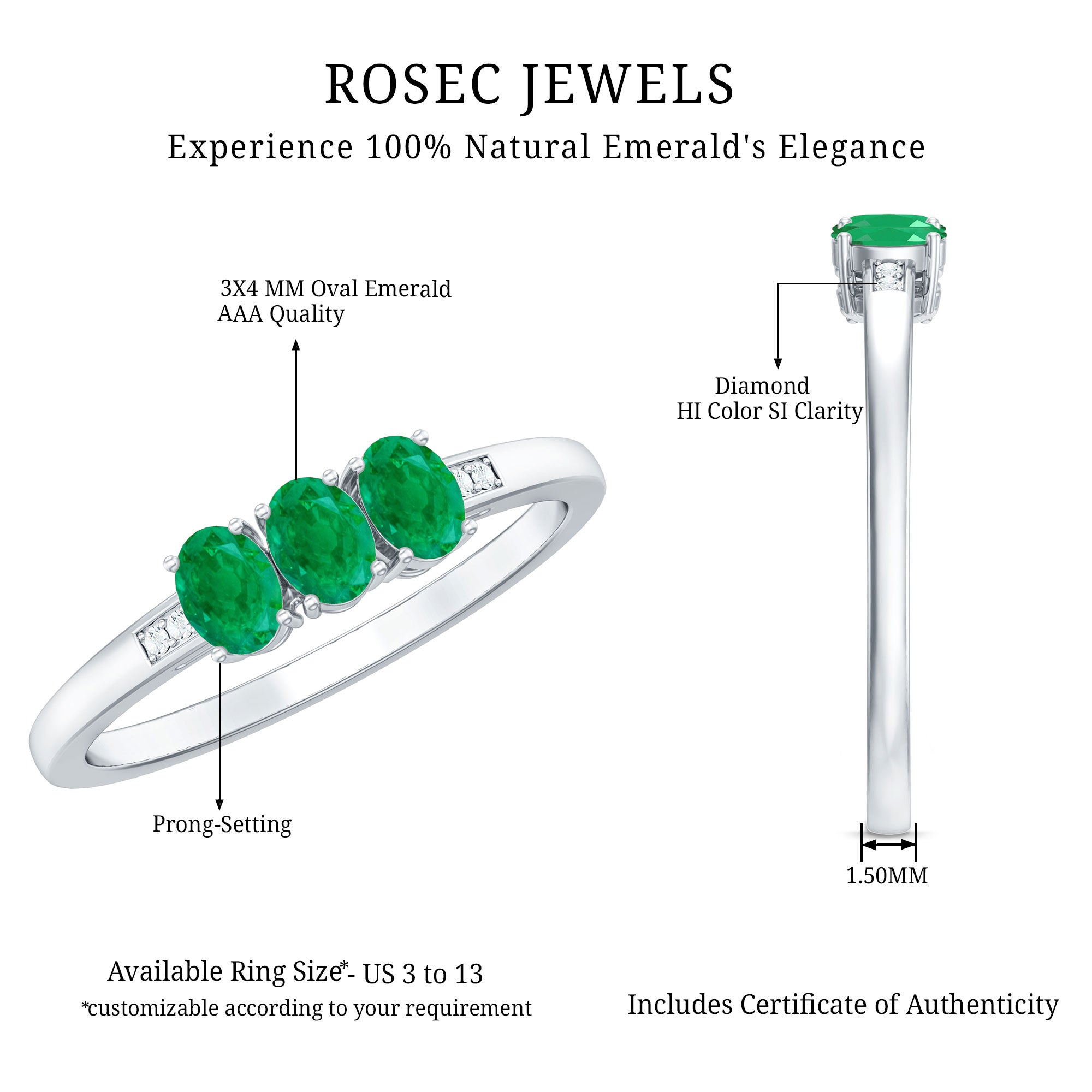 Oval Emerald Promise Ring – Three Stone Diamond Accent Prong Setting Ring