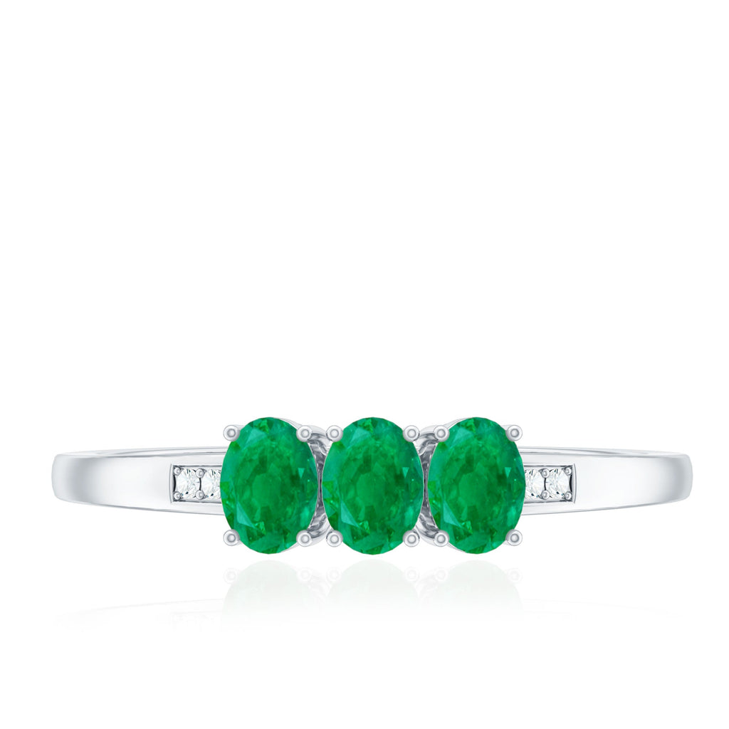 Oval Emerald Promise Ring – Three Stone Diamond Accent Prong Setting Ring