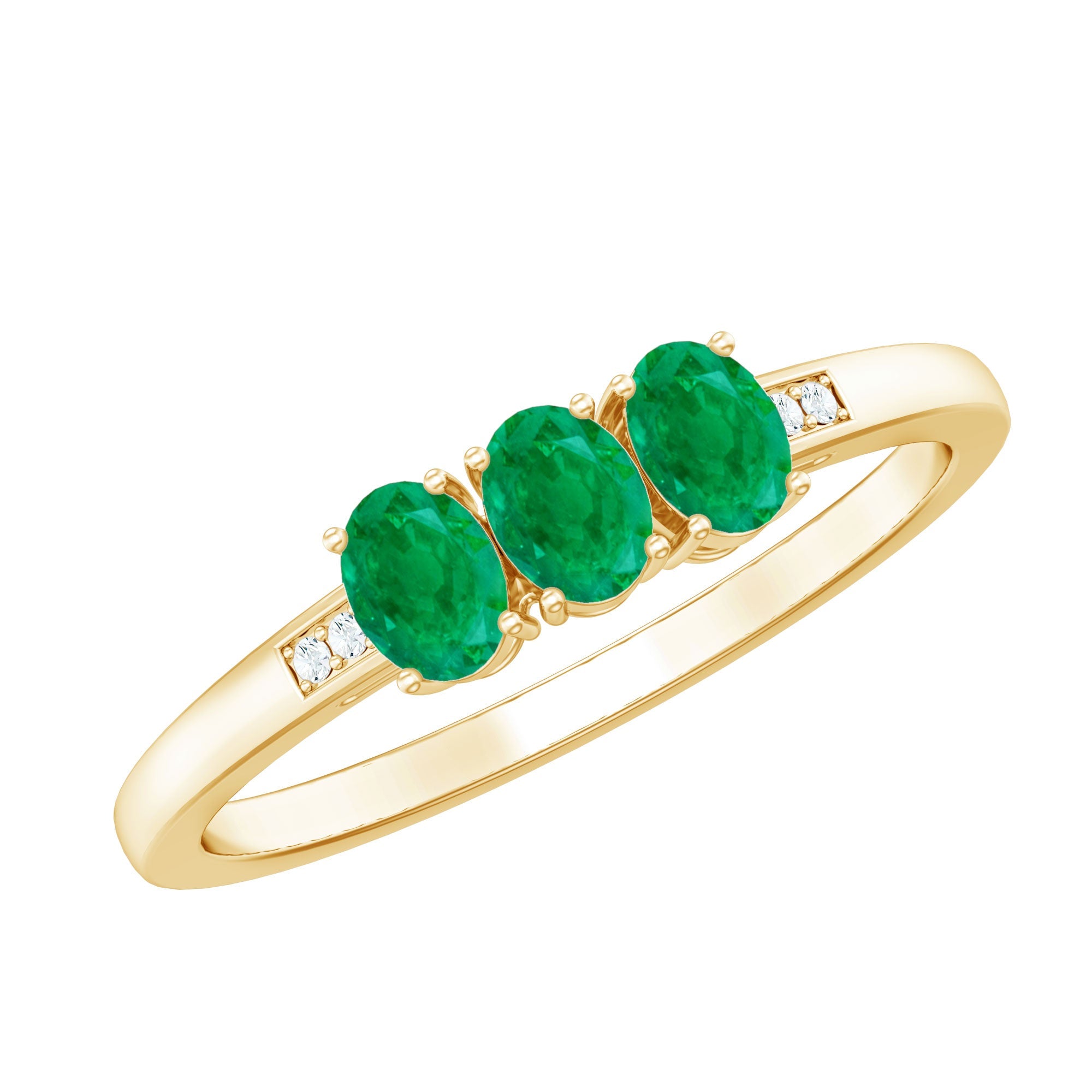 Oval Emerald Promise Ring – Three Stone Diamond Accent Prong Setting Ring
