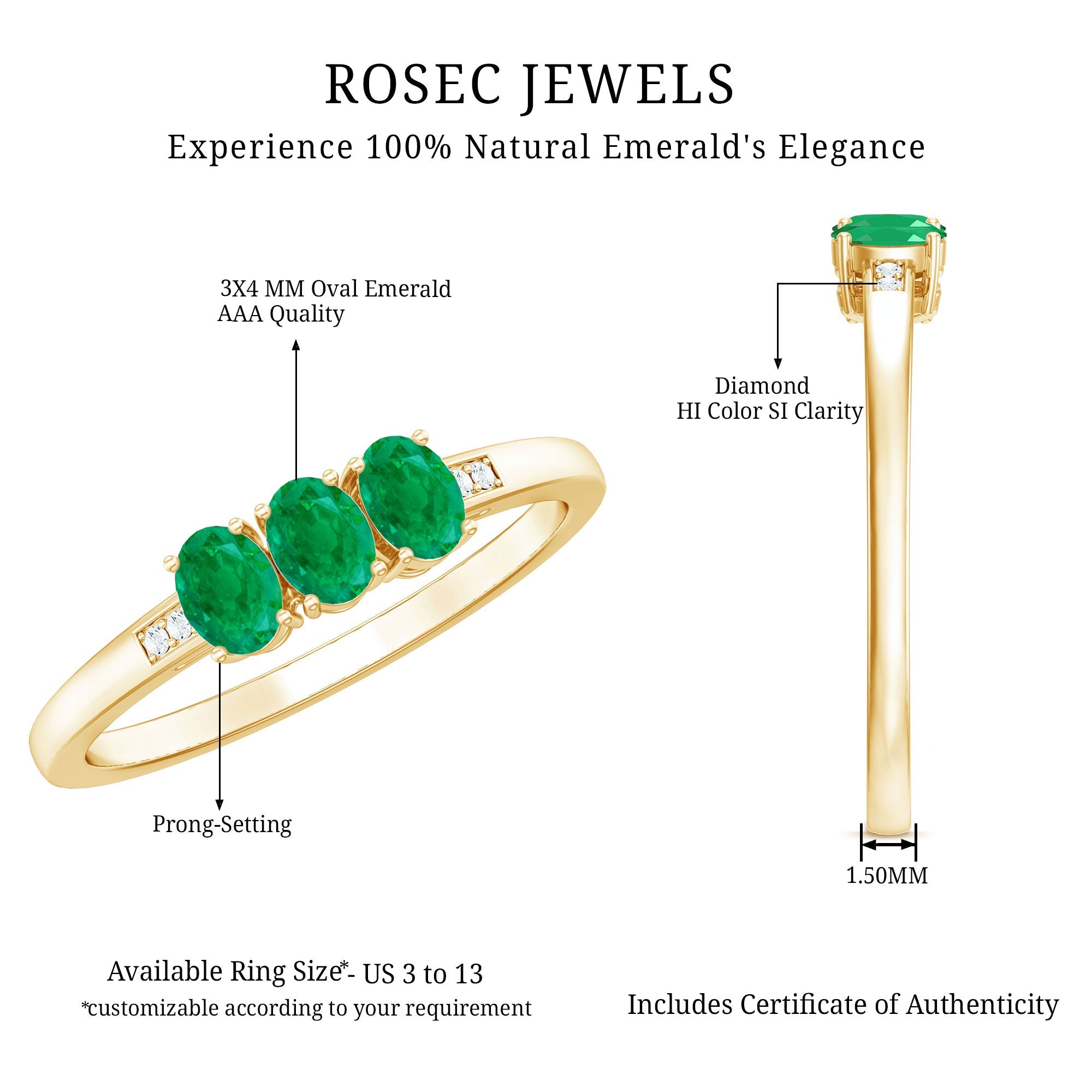 Oval Emerald Promise Ring – Three Stone Diamond Accent Prong Setting Ring