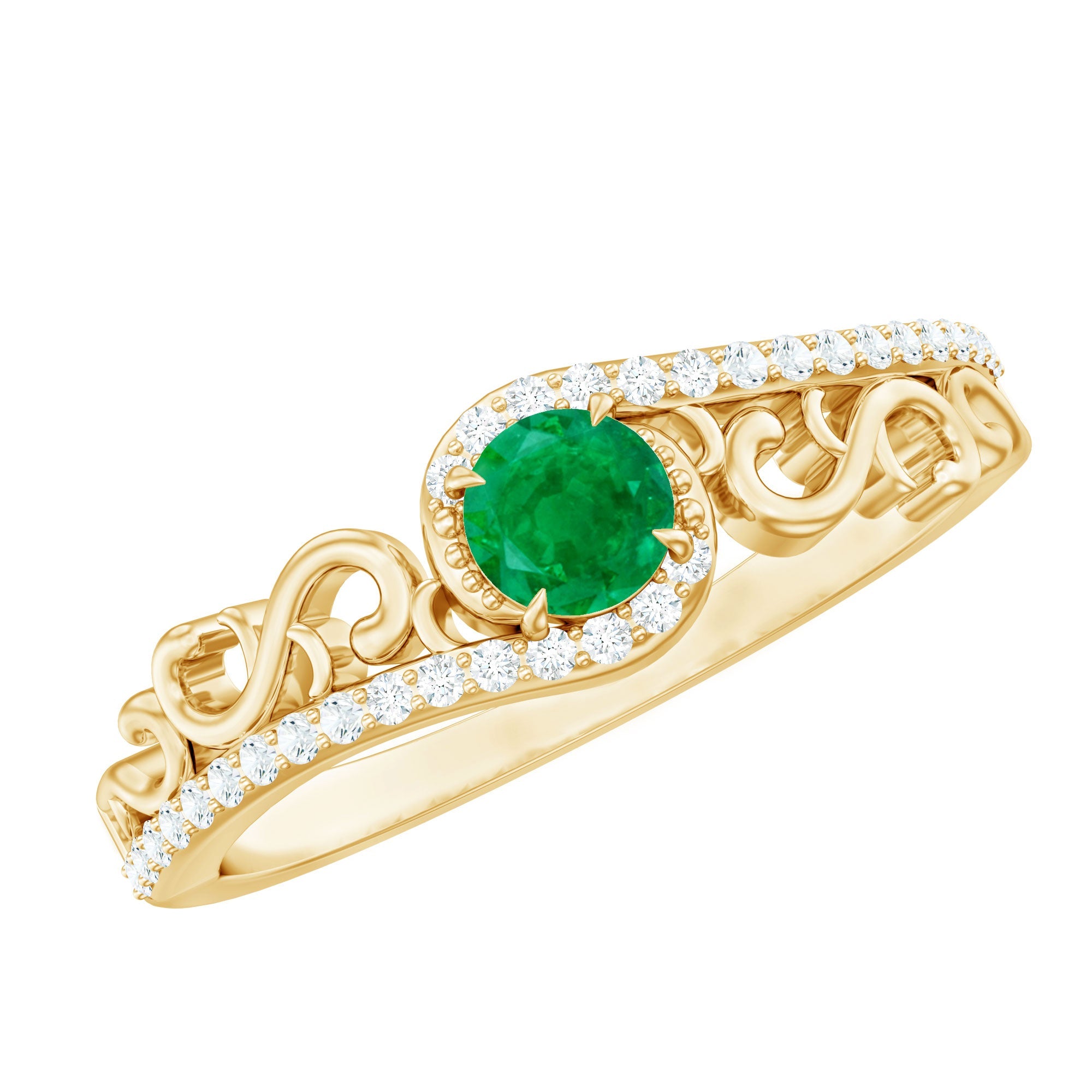 Emerald Engagement Ring – Vintage Diamond Bypass Shank Design Band