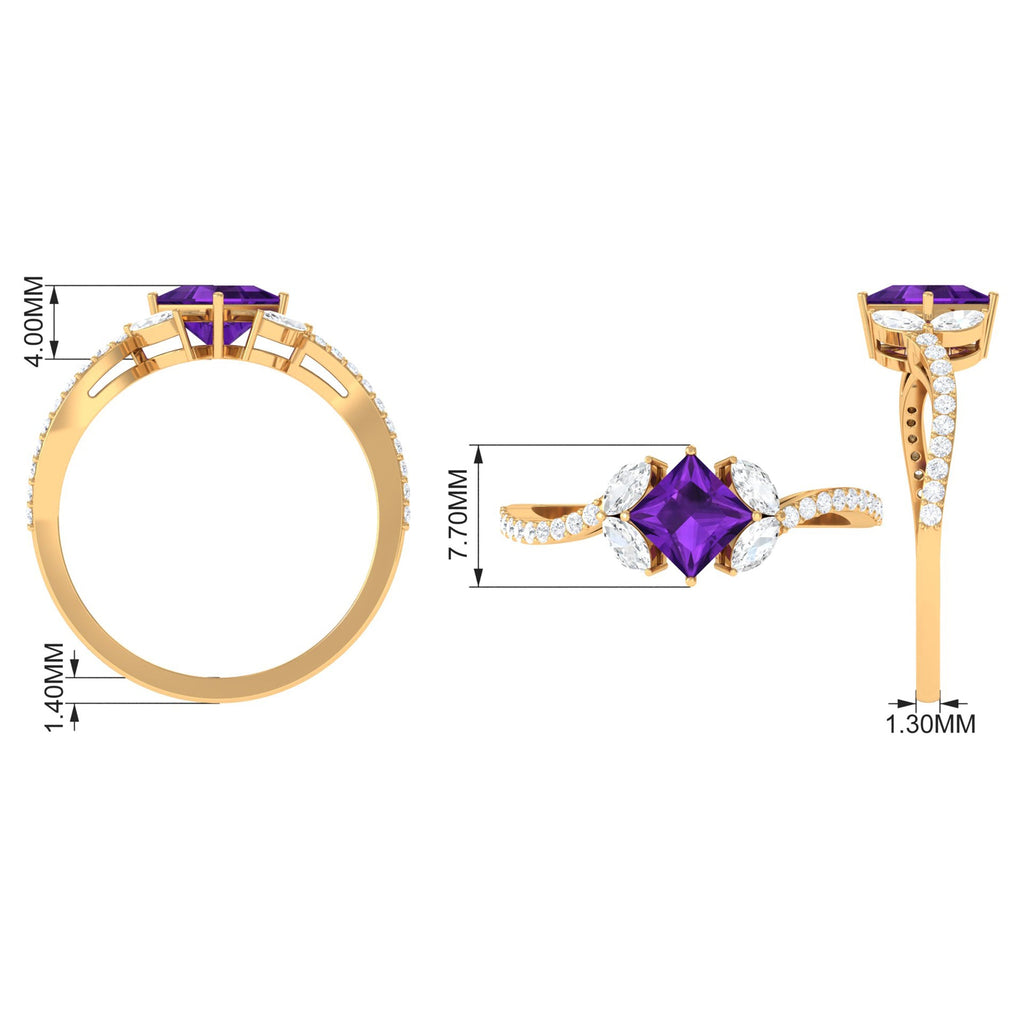 Nature Inspired Princess Cut Amethyst and Diamond Engagement Ring