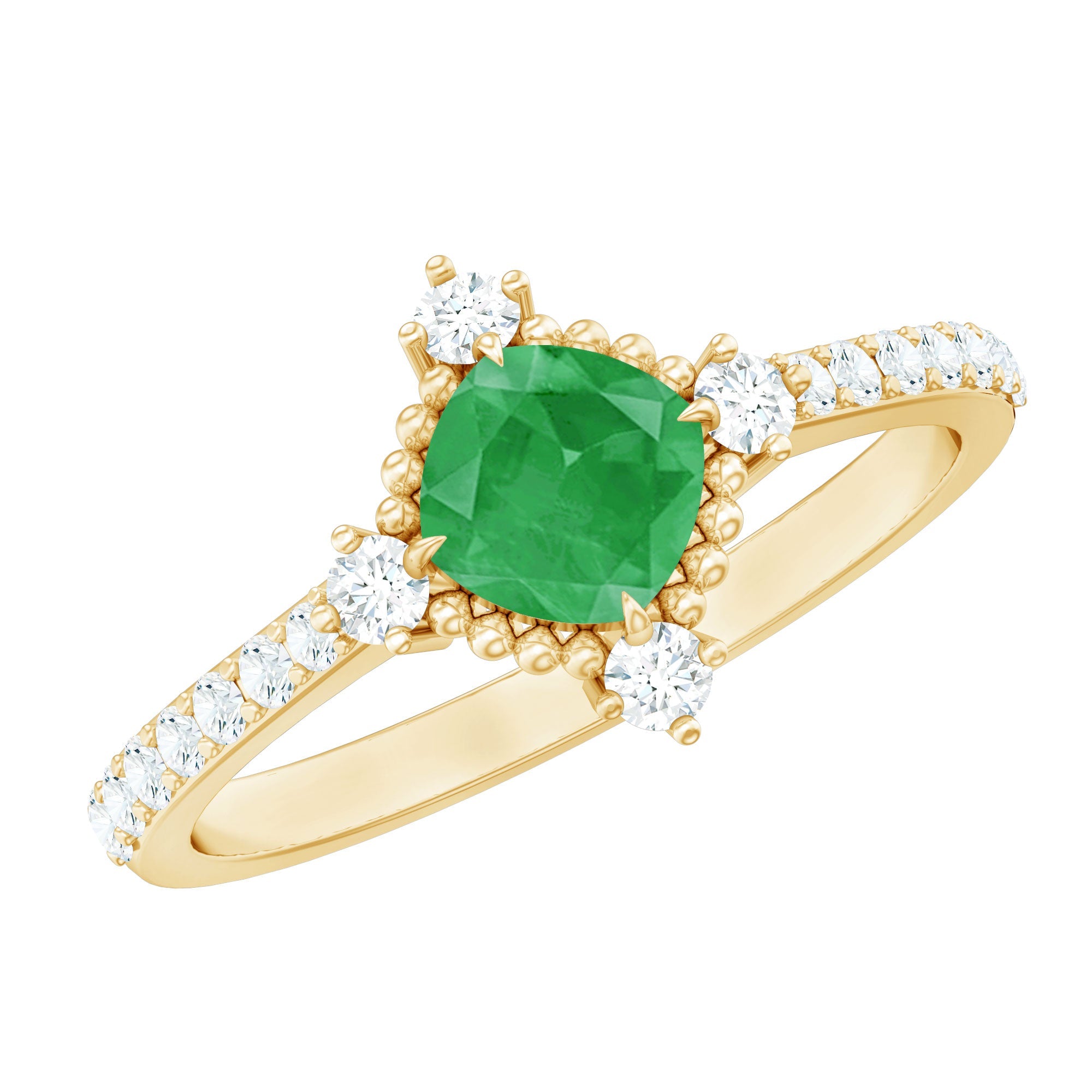 Emerald Engagement Ring – Vintage Cushion Cut Diamond Ring with Beaded Detailing