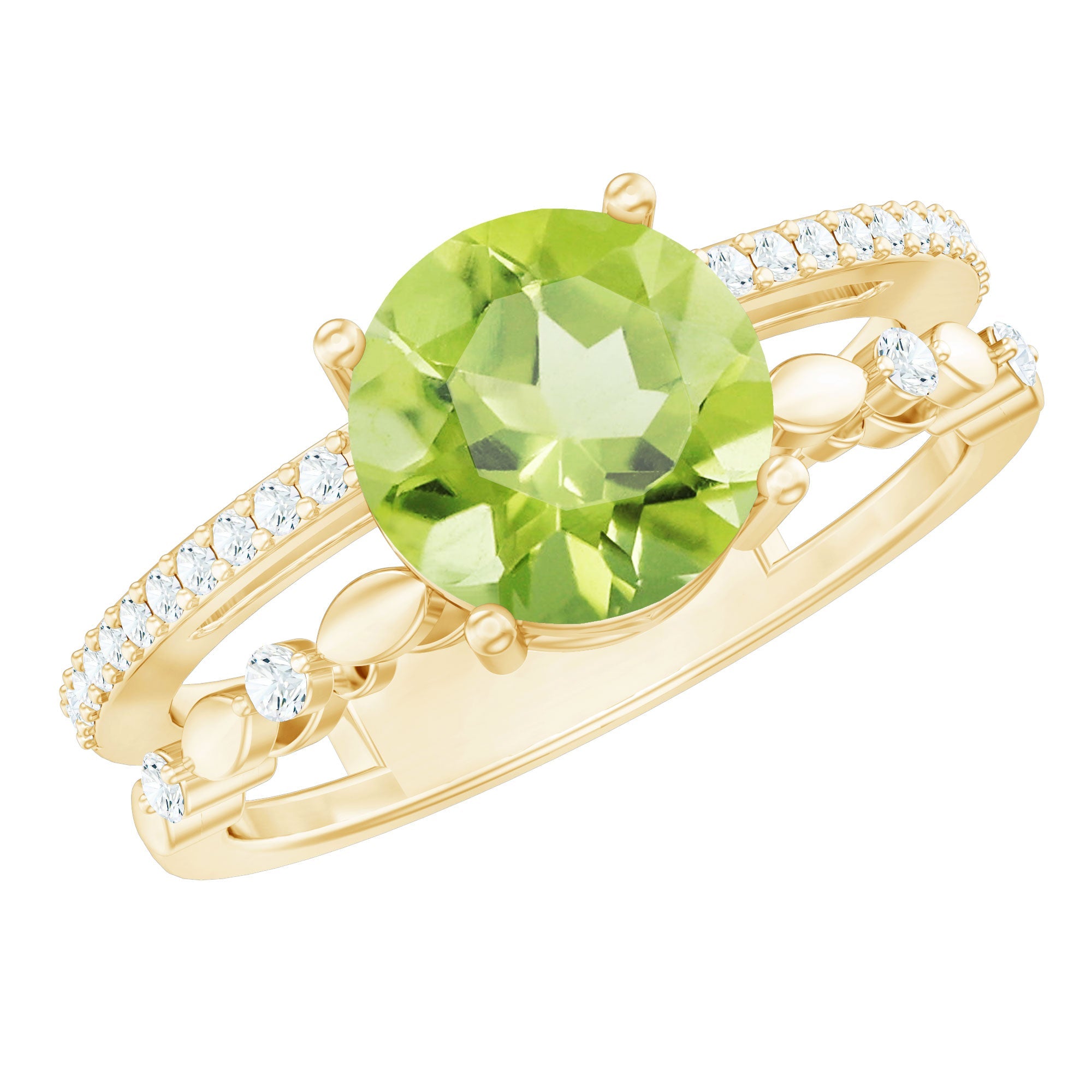Peridot Engagement Ring – 2 Carat Round Cut Peridot Double Band Diamond Ring