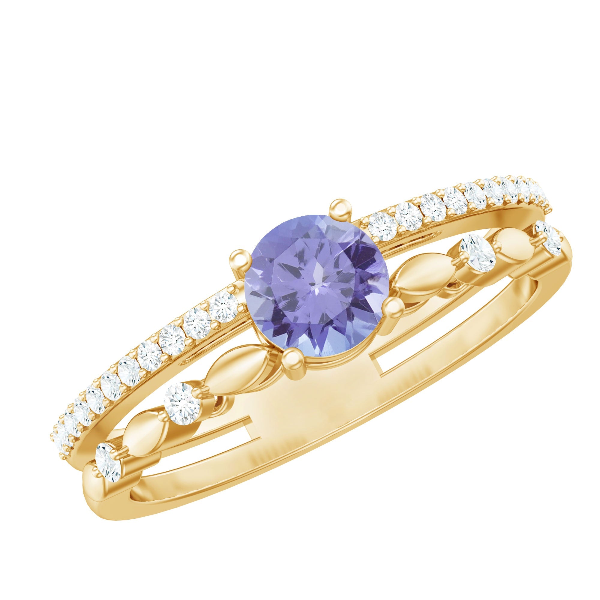 Tanzanite Engagement Ring – Double Band Ring with AAA Grade Blue Stone & Diamonds