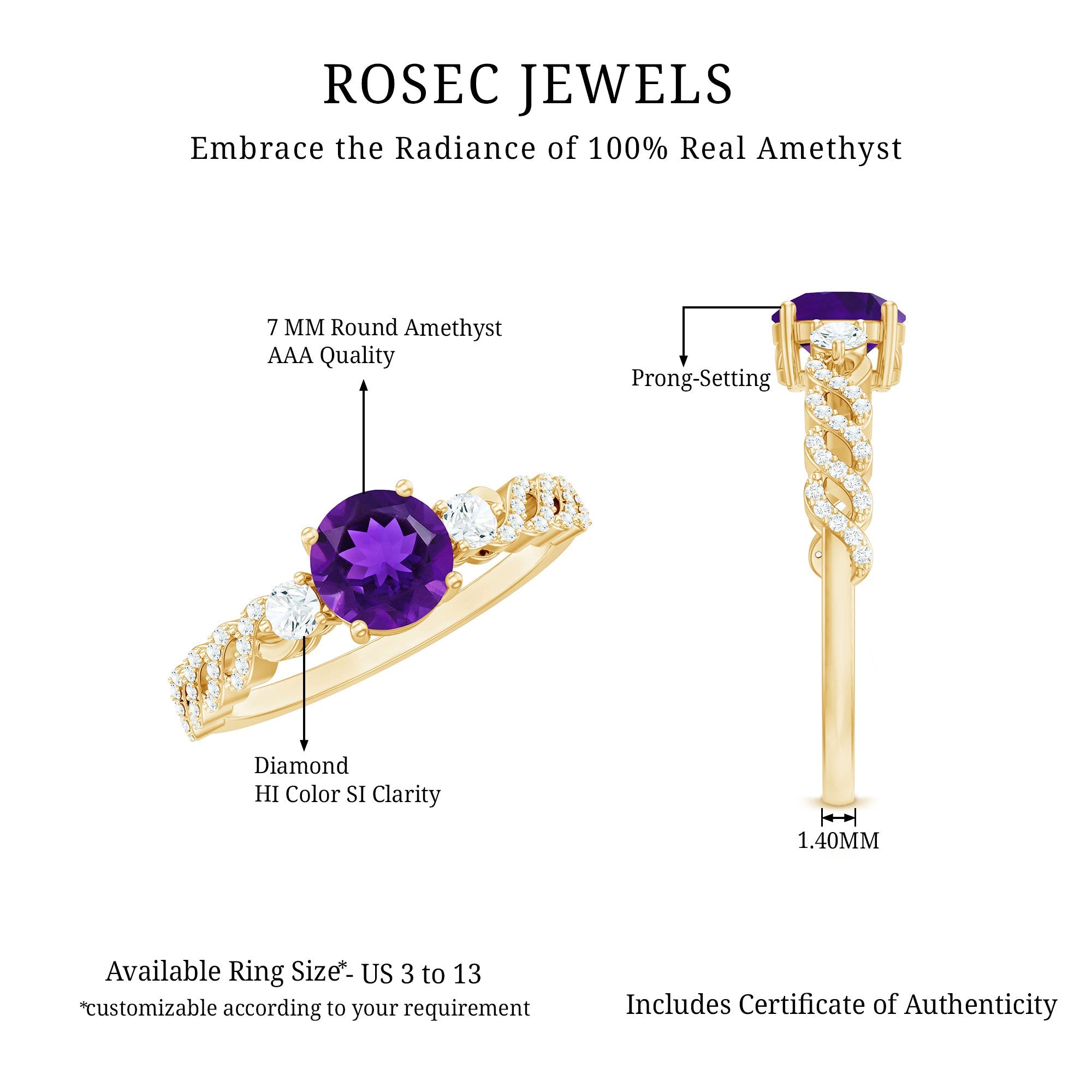 Natural 1.2 Carat Amethyst Diamond Engagement Ring for Women