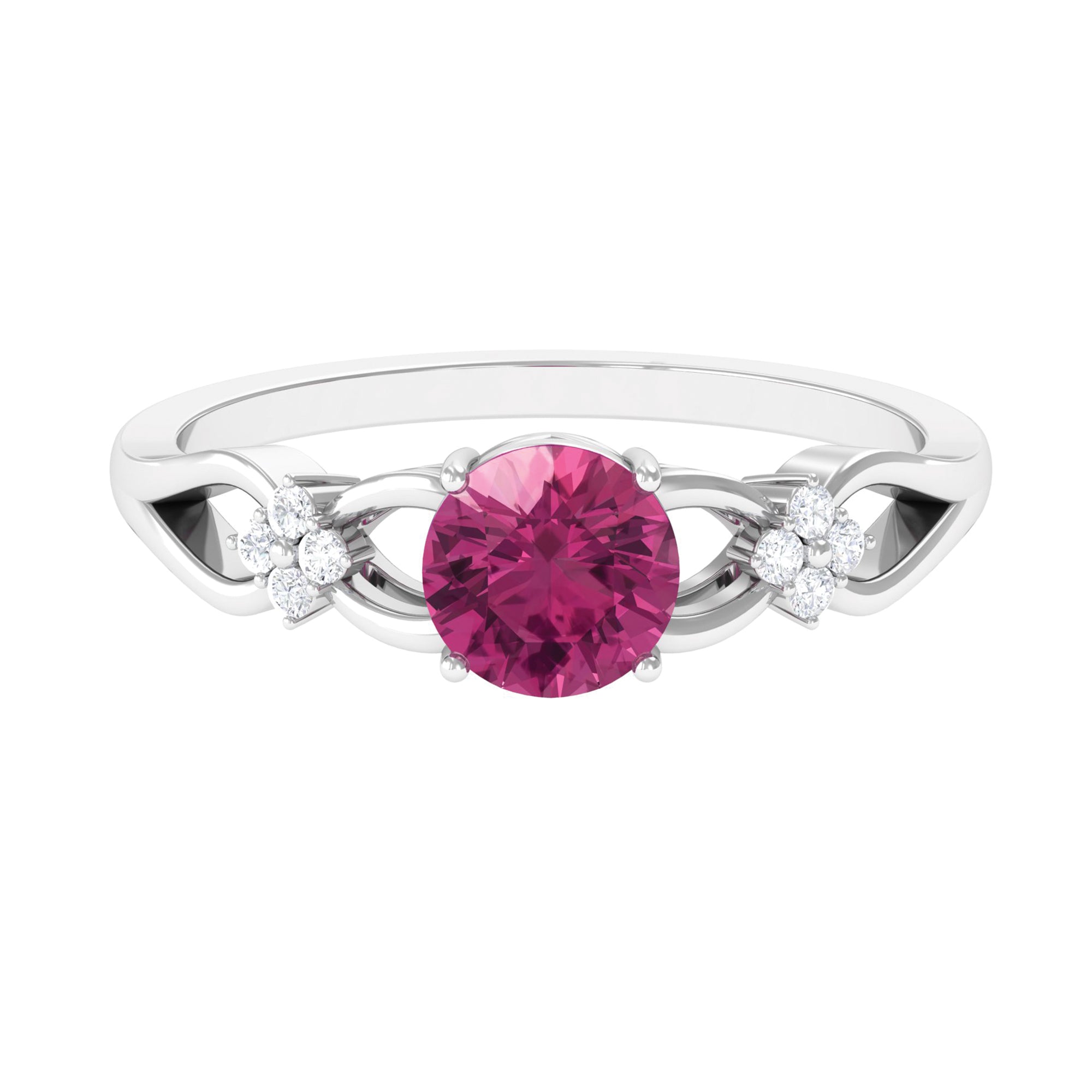 Pink Tourmaline Ring – Floral Solitaire Gemstone with Diamond Accents & Crossover Shank