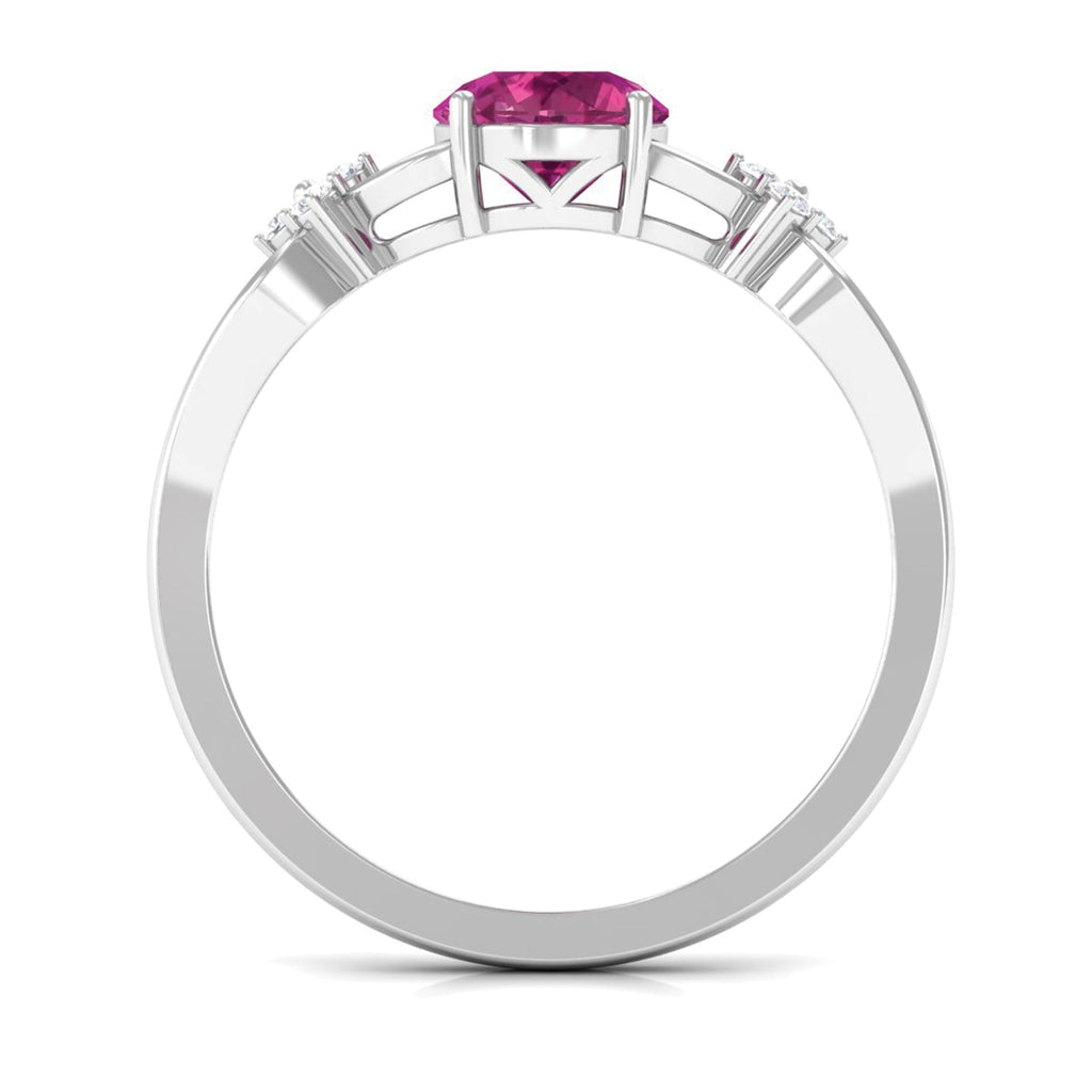 Pink Tourmaline Ring – Floral Solitaire Gemstone with Diamond Accents & Crossover Shank