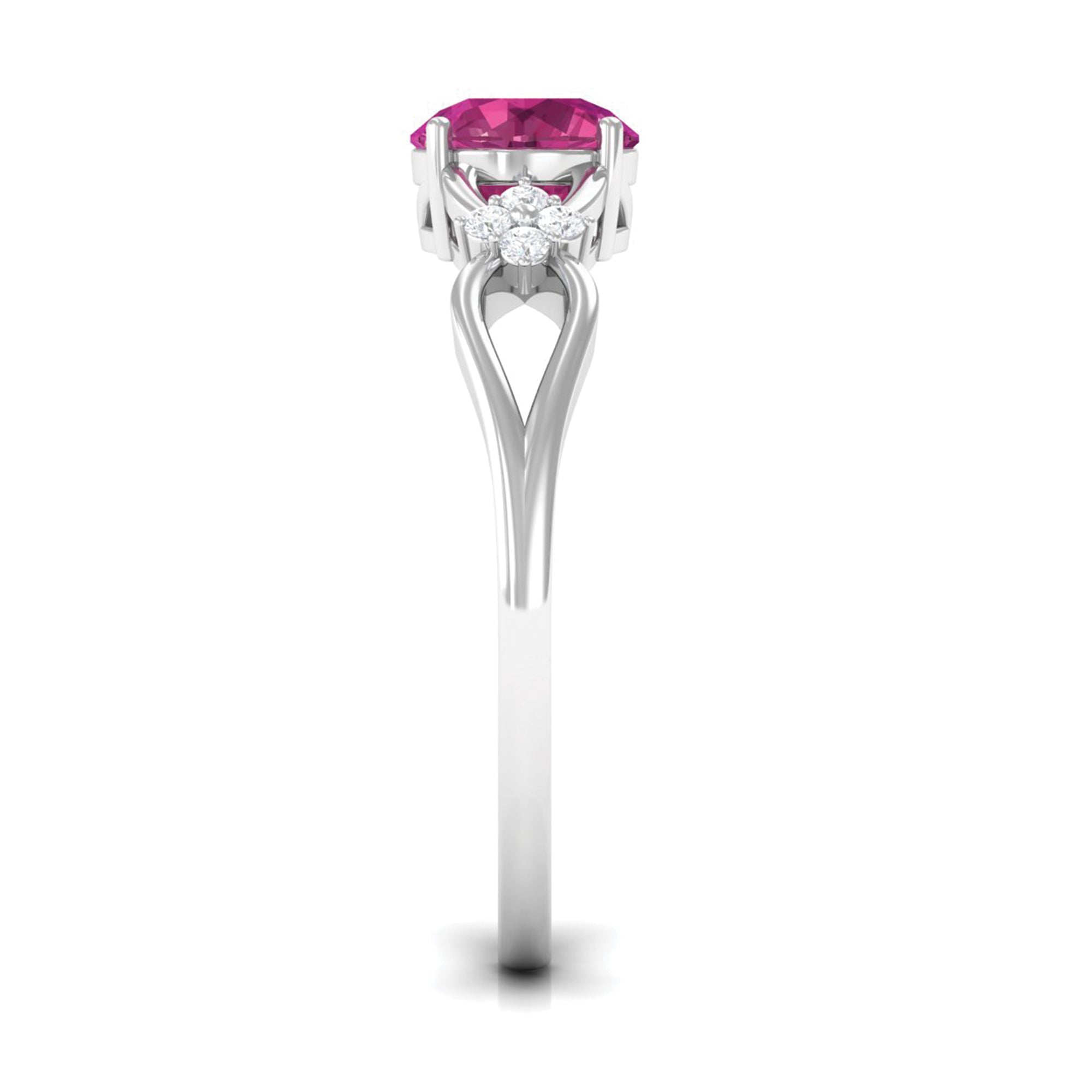 Pink Tourmaline Ring – Floral Solitaire Gemstone with Diamond Accents & Crossover Shank