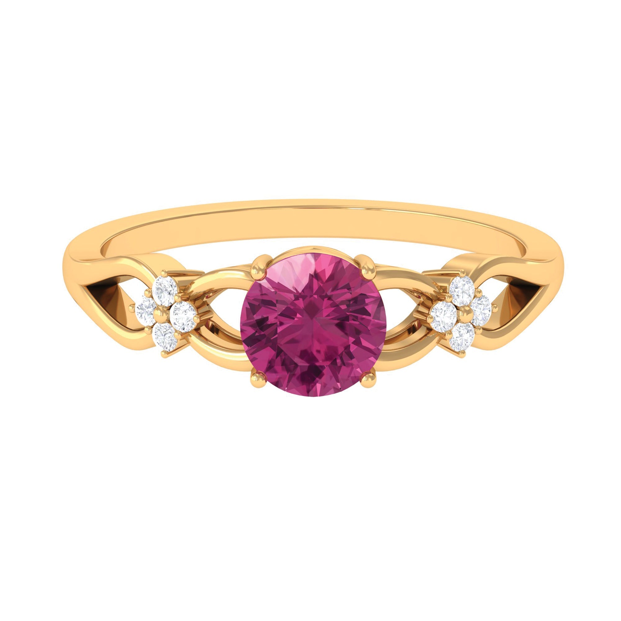 Pink Tourmaline Ring – Floral Solitaire Gemstone with Diamond Accents & Crossover Shank