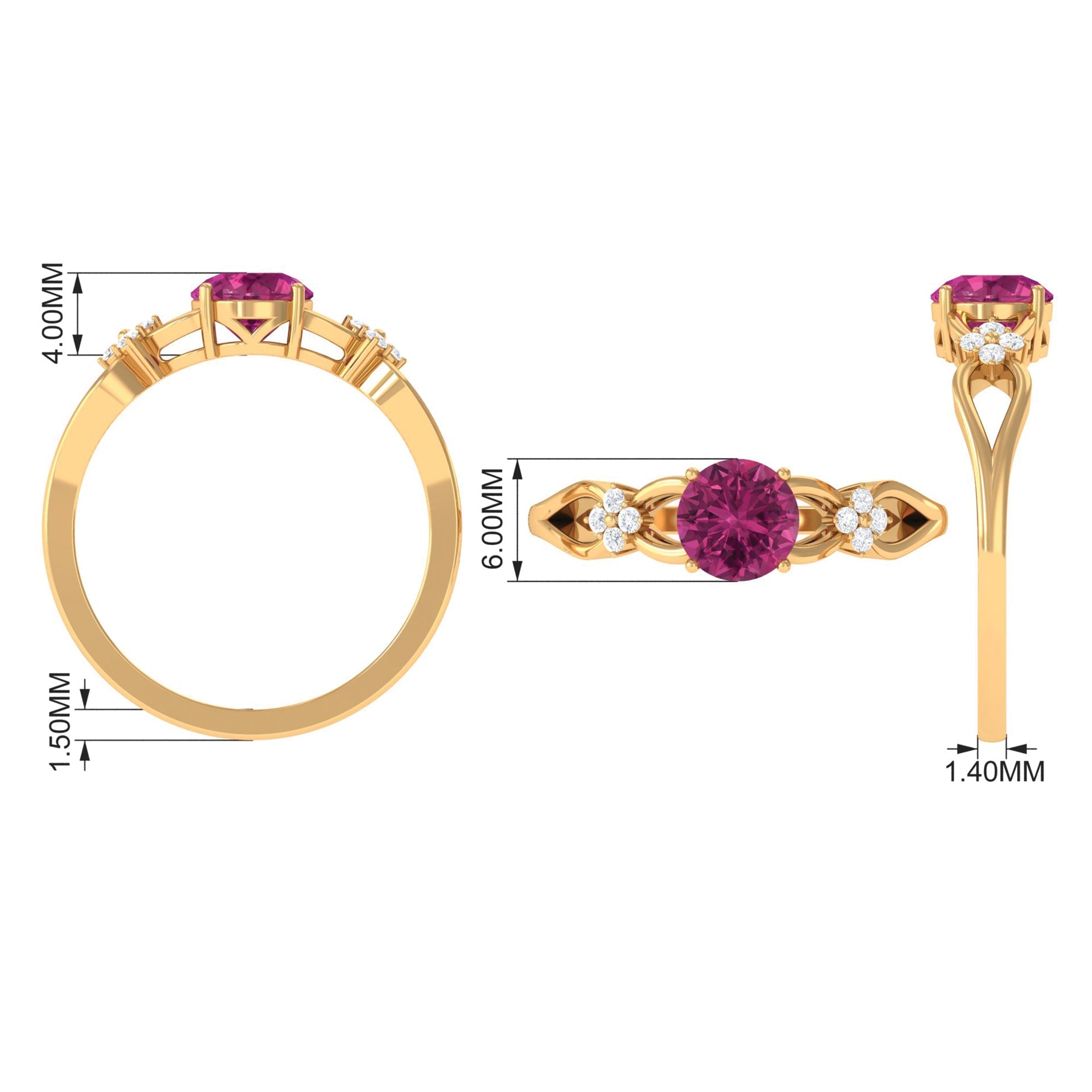 Pink Tourmaline Ring – Floral Solitaire Gemstone with Diamond Accents & Crossover Shank