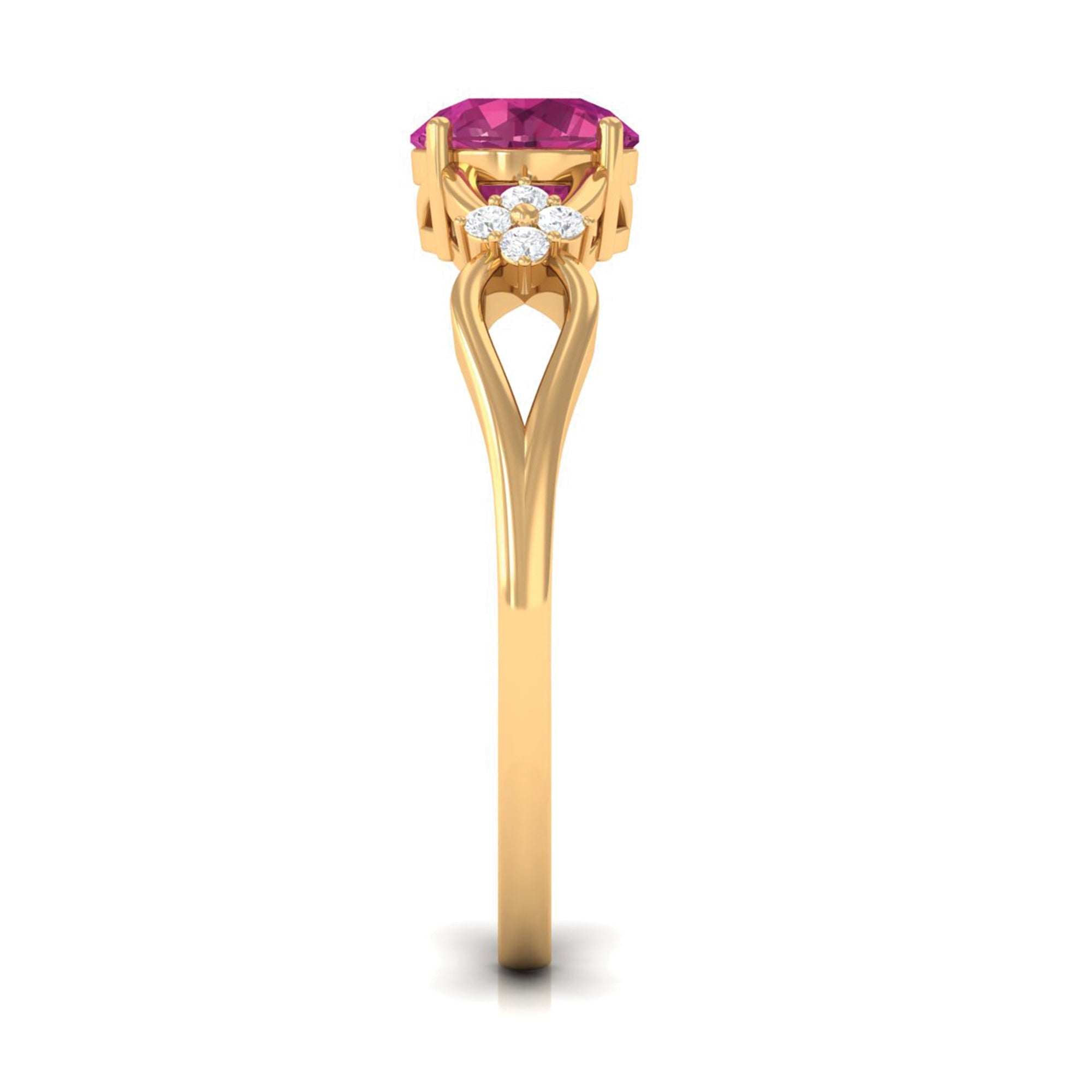 Pink Tourmaline Ring – Floral Solitaire Gemstone with Diamond Accents & Crossover Shank