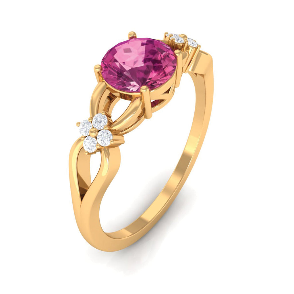 Pink Tourmaline Ring – Floral Solitaire Gemstone with Diamond Accents & Crossover Shank