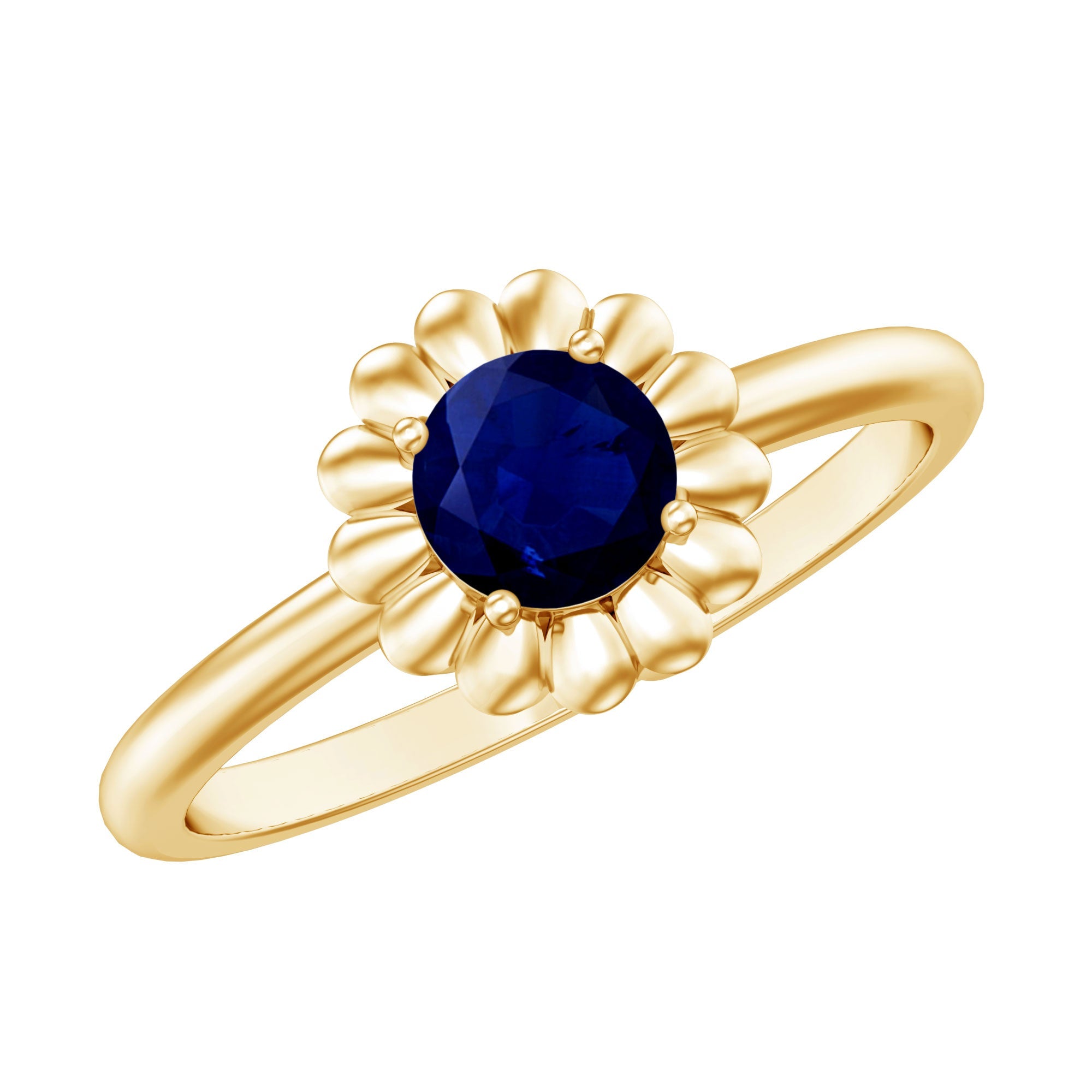 0.9 Carat Round Cut Solitaire Blue Sapphire Flower Ring