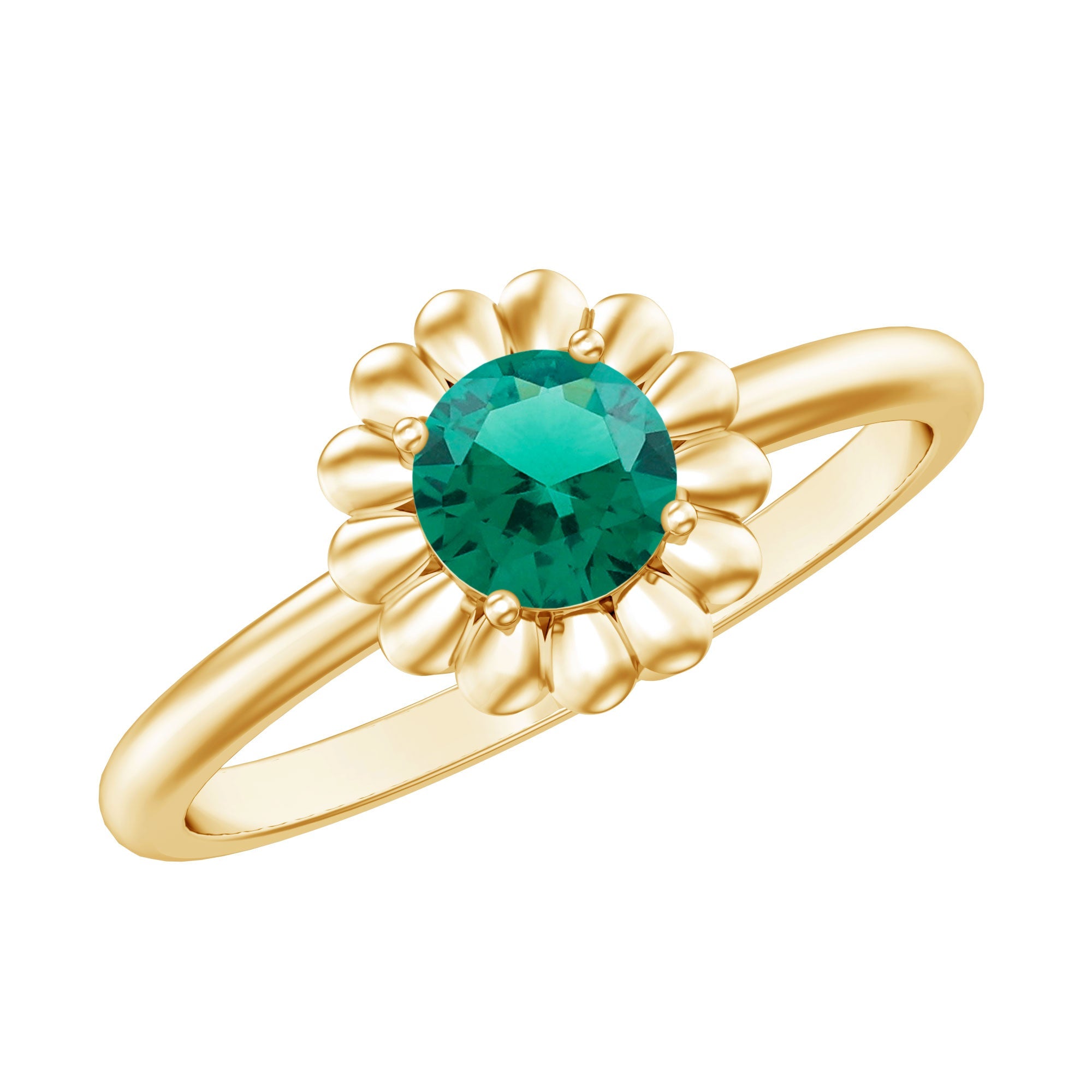 Lab Grown Emerald Ring – Round Shape Promise Ring with Flower Motif, AAAA Quality
