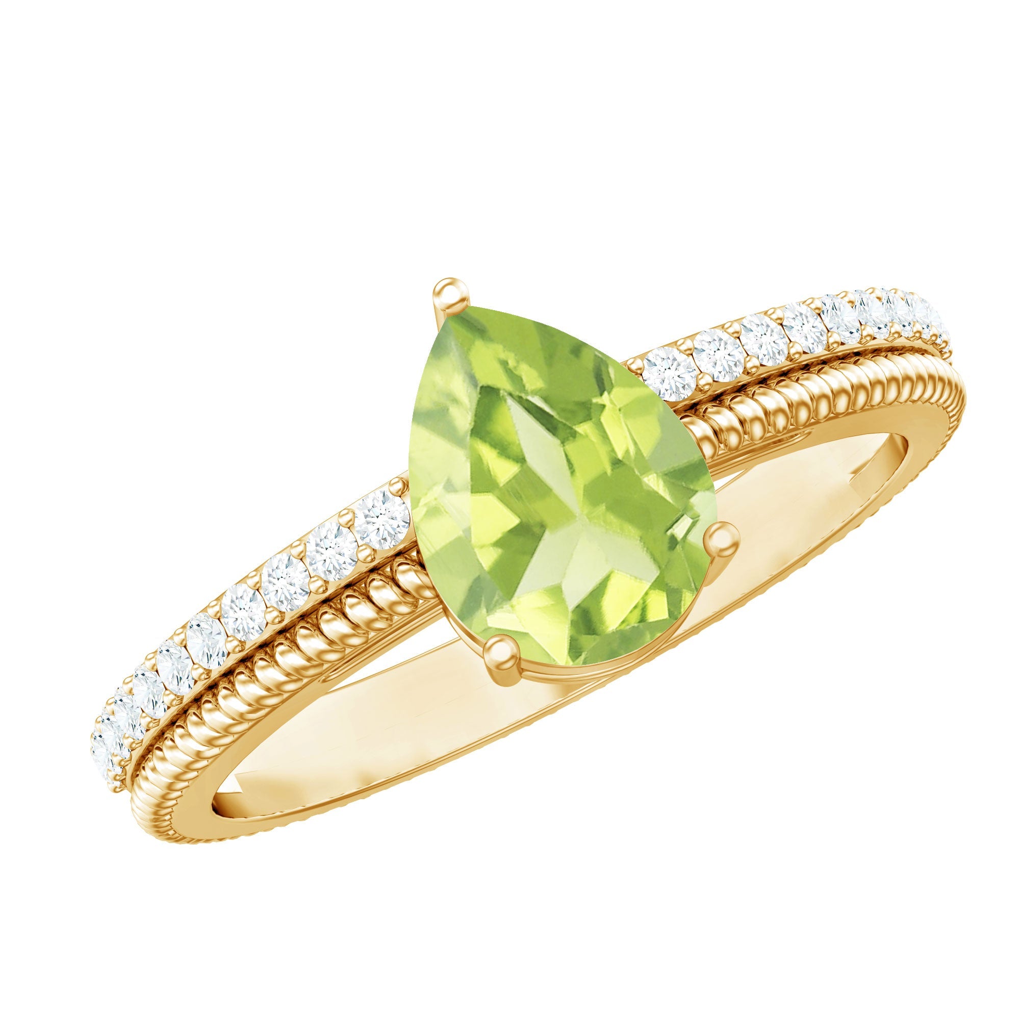 Peridot Engagement Ring – 1 Carat Pear Shaped AAA Quality Green Gemstone Ring