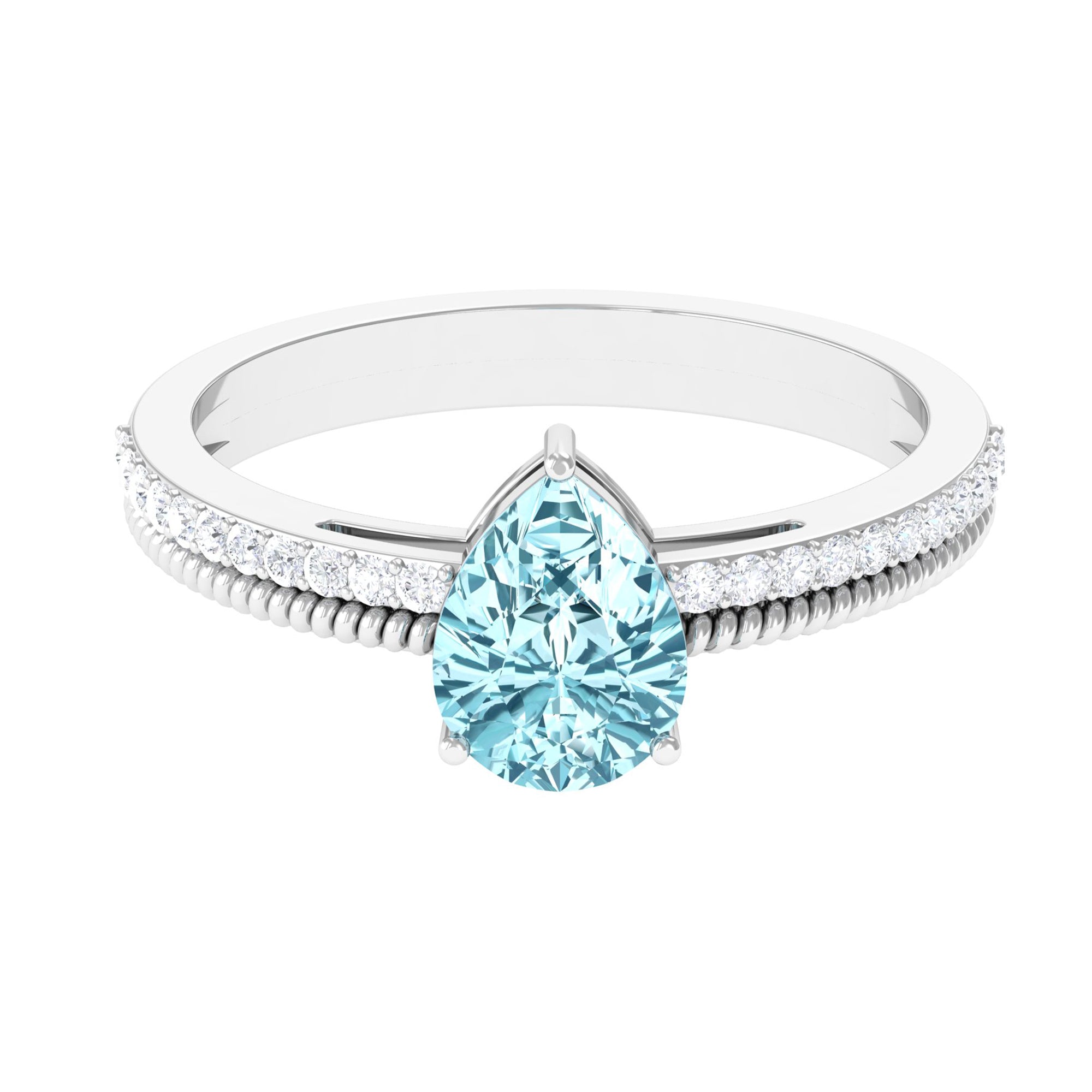 Pear Shape Aquamarine Ring – Twisted Rope Band with Diamond Accent | Blue Gemstone Jewelry