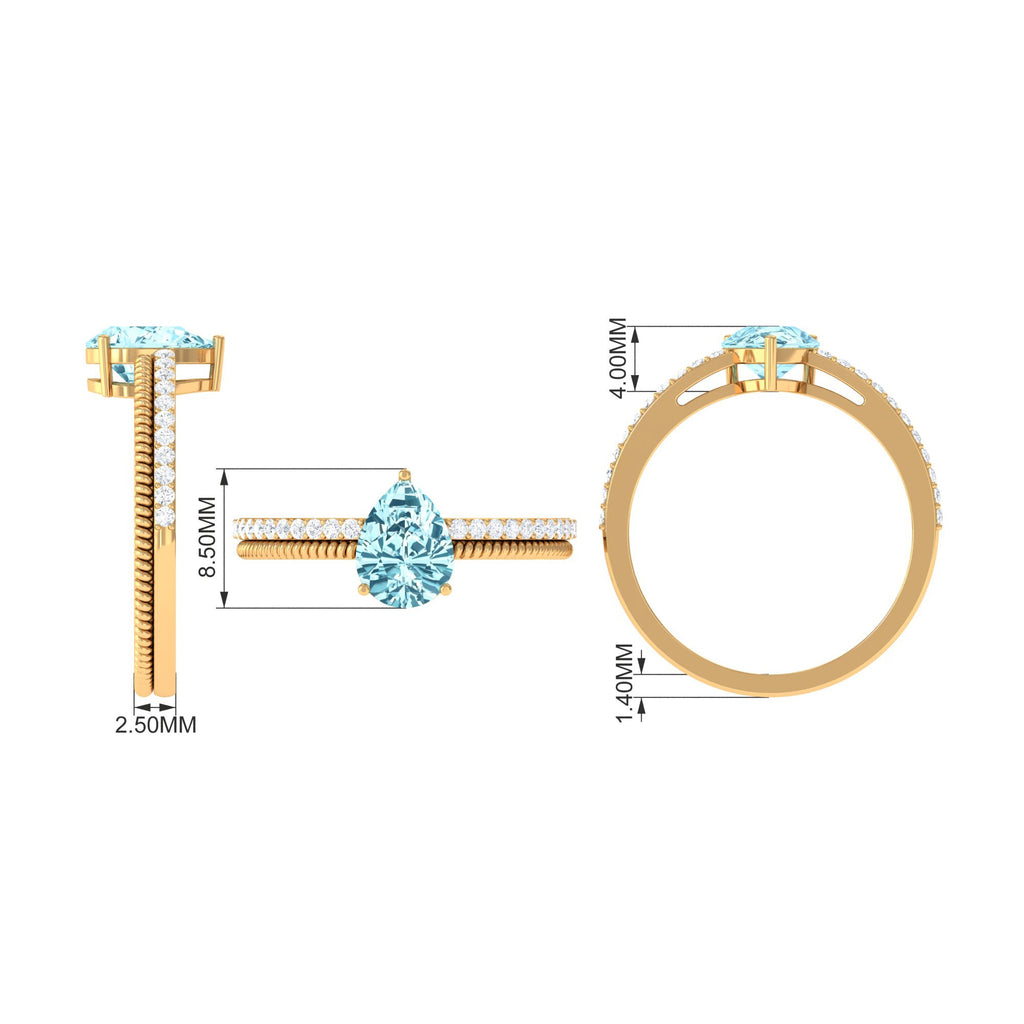 Pear Shape Aquamarine Ring – Twisted Rope Band with Diamond Accent | Blue Gemstone Jewelry