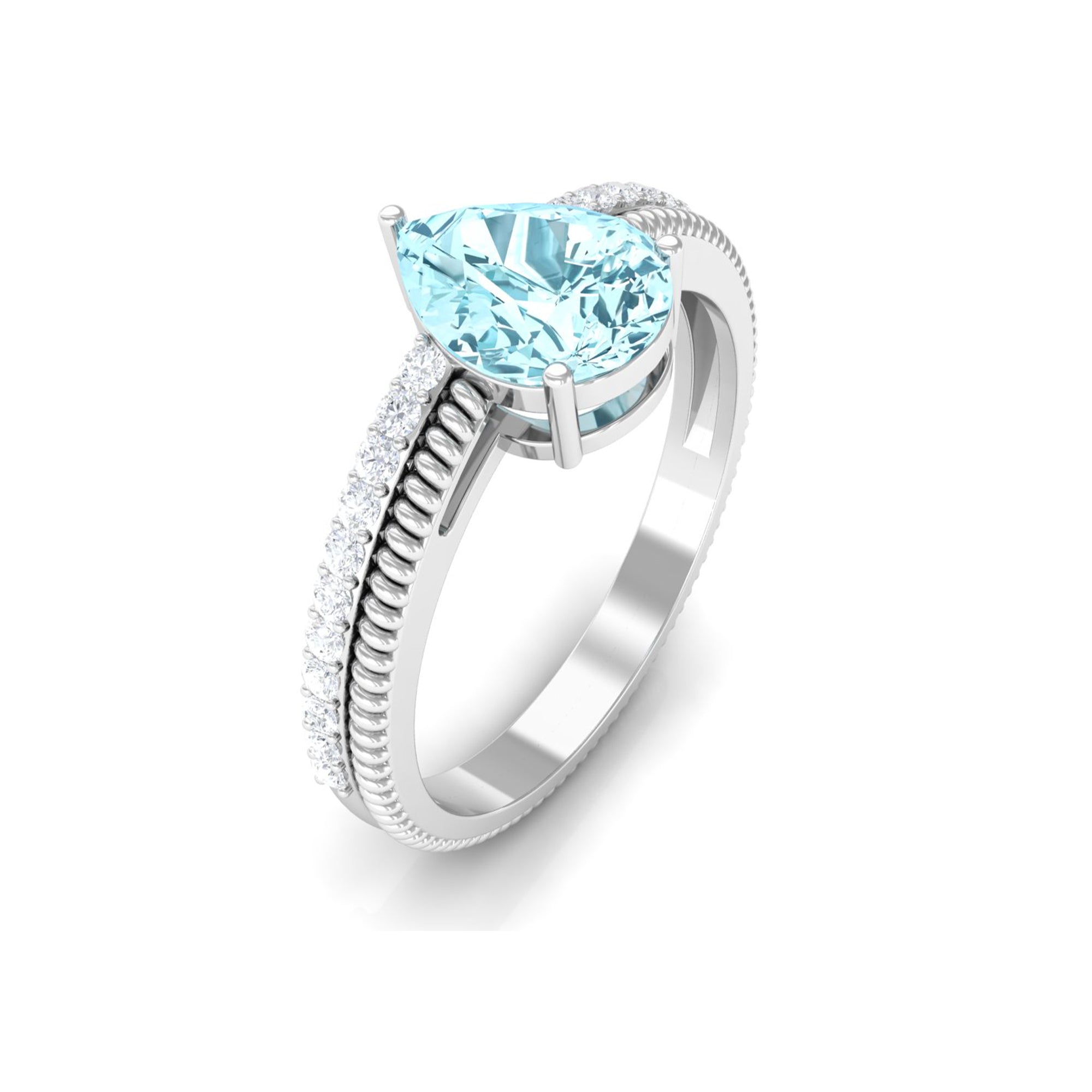 Pear Shape Aquamarine Ring – Twisted Rope Band with Diamond Accent | Blue Gemstone Jewelry