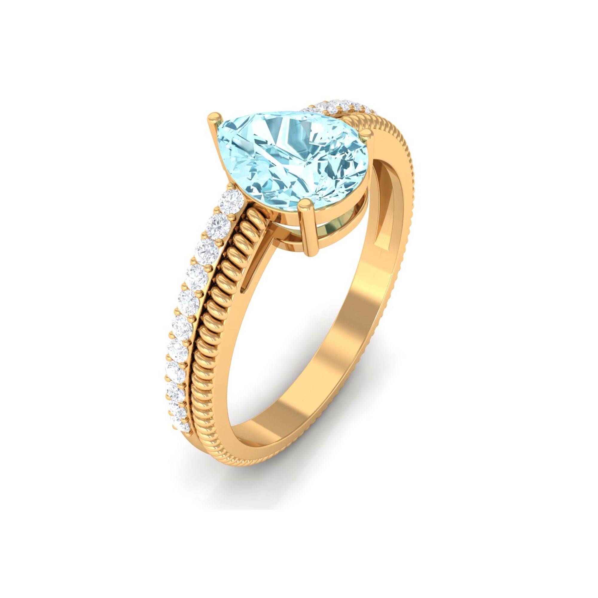 Pear Shape Aquamarine Ring – Twisted Rope Band with Diamond Accent | Blue Gemstone Jewelry