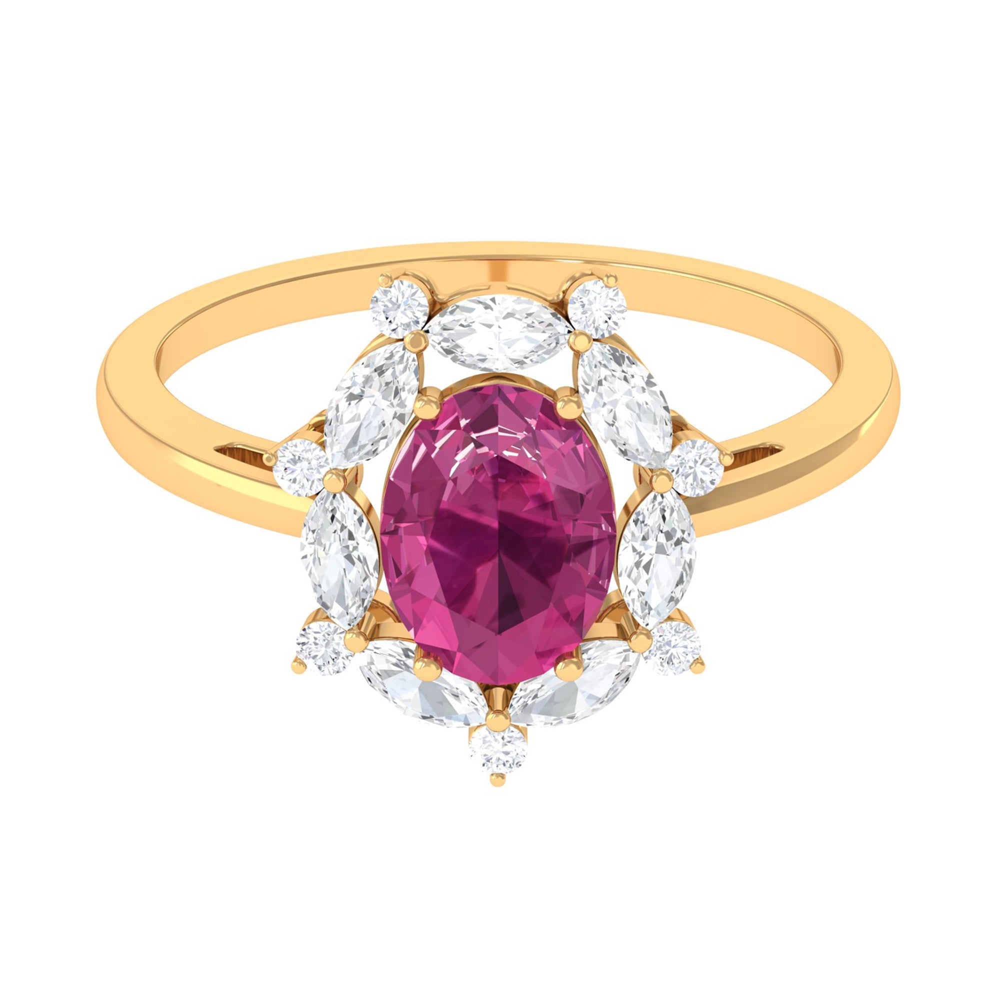 Oval pink tourmaline designer engagement ring with moissanite halo in yellow gold