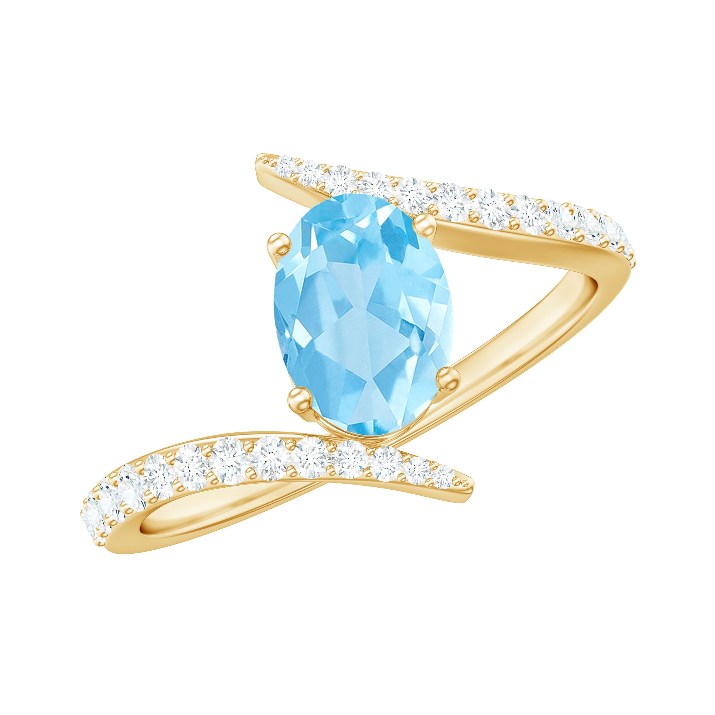 Aquamarine Engagement Ring - Oval Cut Aquamarine with Diamond Bypass Shank Design