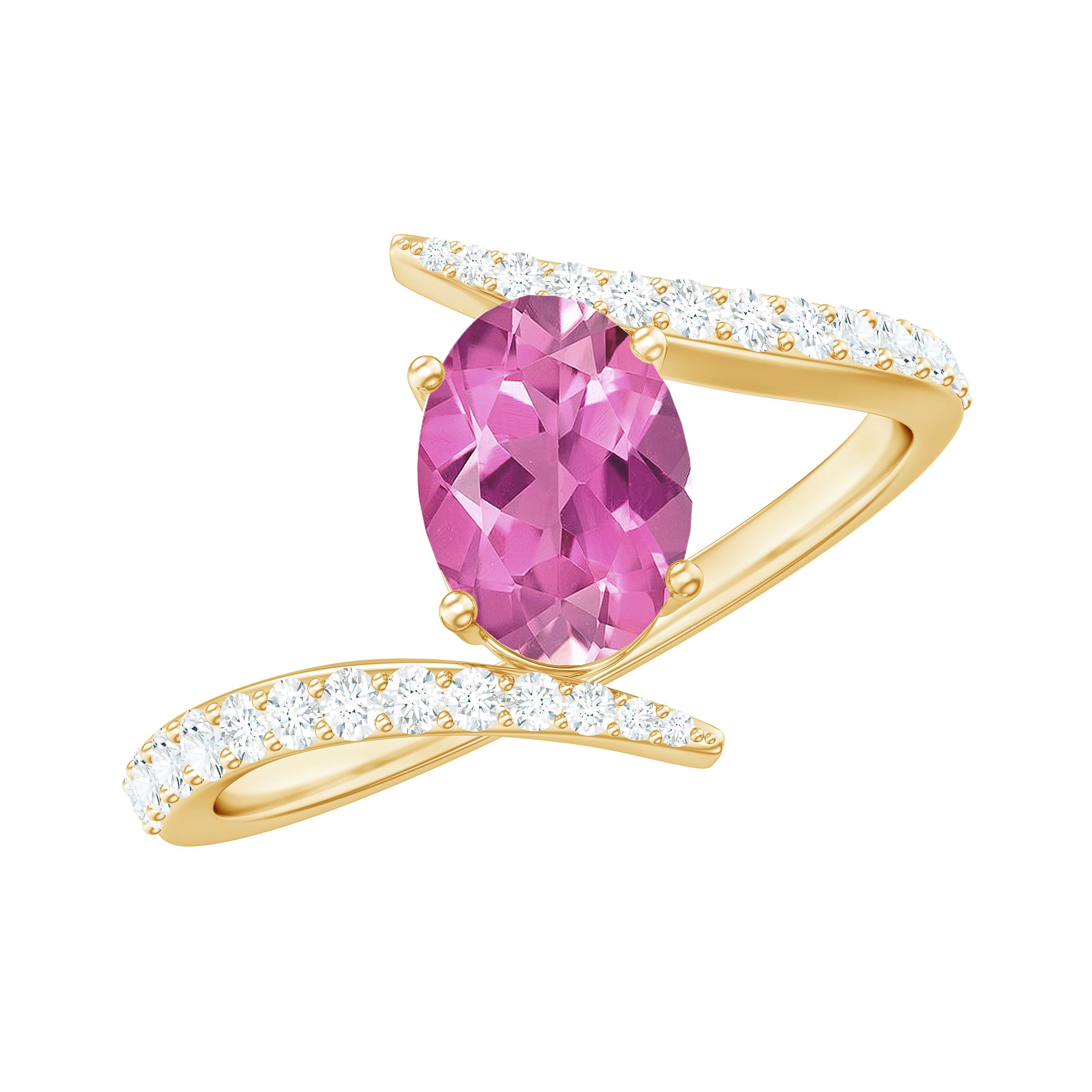 Pink Tourmaline Ring – Solitaire Engagement Ring with Oval Cut Gemstone & Diamond Bypass Design