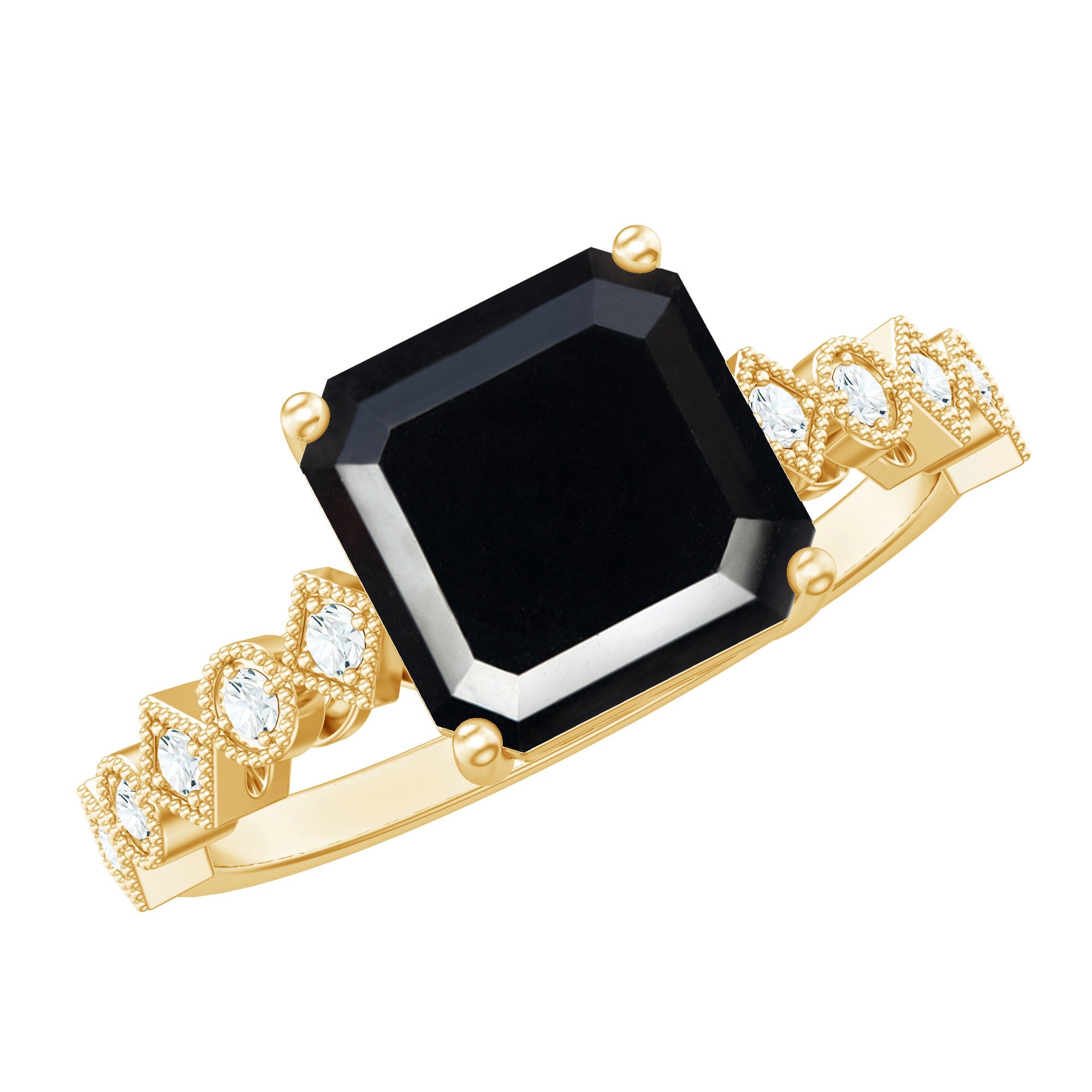 Genuine Black Onyx 3 Carat Asscher Cut Engagement Ring with Diamond