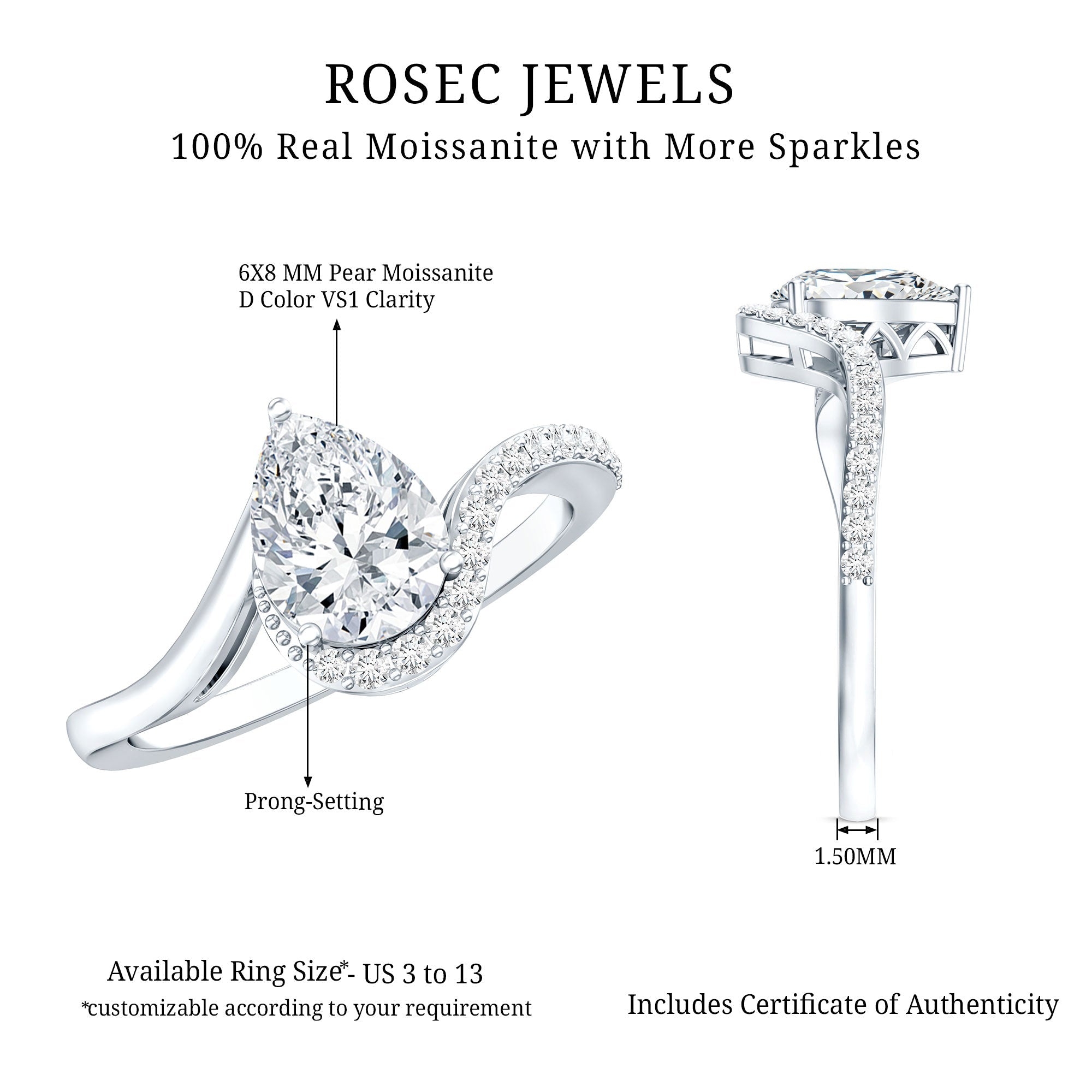 Certified Moissanite Designer Pear Shape Engagement Ring