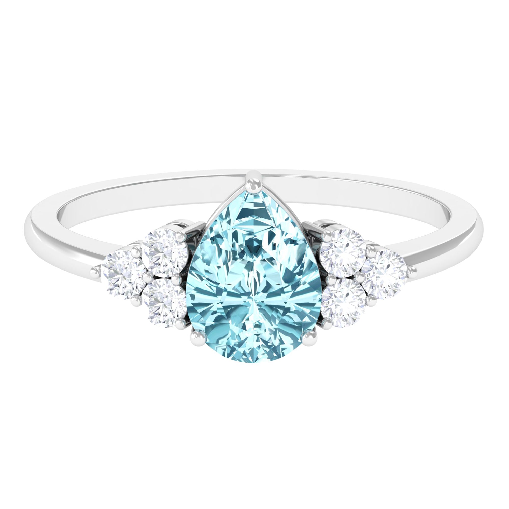 Aquamarine Engagement Ring – Pear Shaped Diamond Trio Ring With 3 Prong Setting