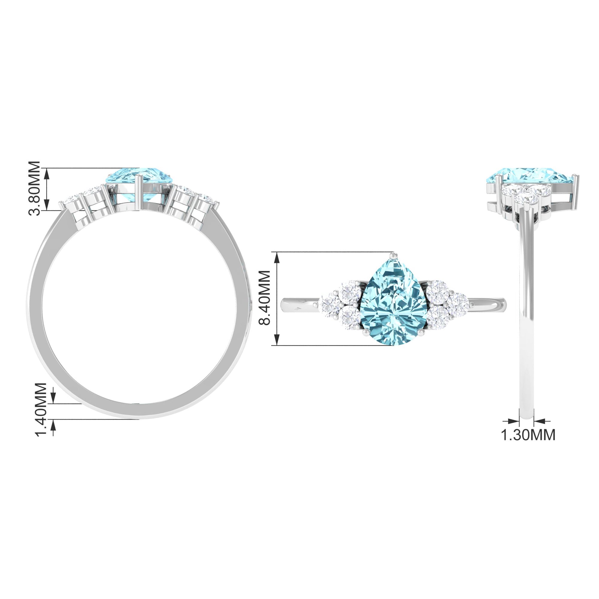 Aquamarine Engagement Ring – Pear Shaped Diamond Trio Ring With 3 Prong Setting
