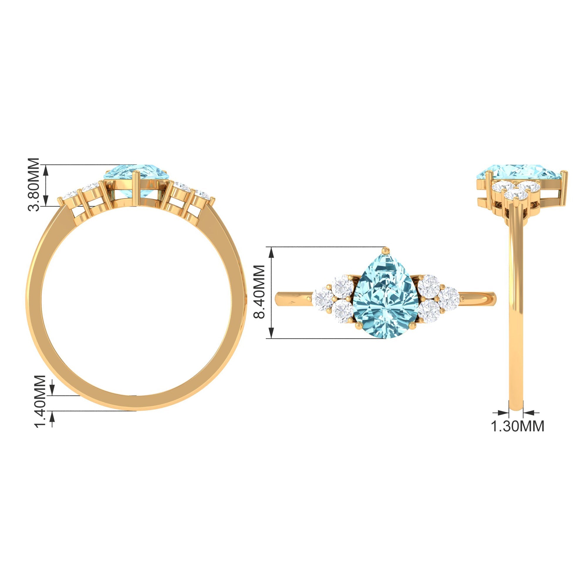 Aquamarine Engagement Ring – Pear Shaped Diamond Trio Ring With 3 Prong Setting