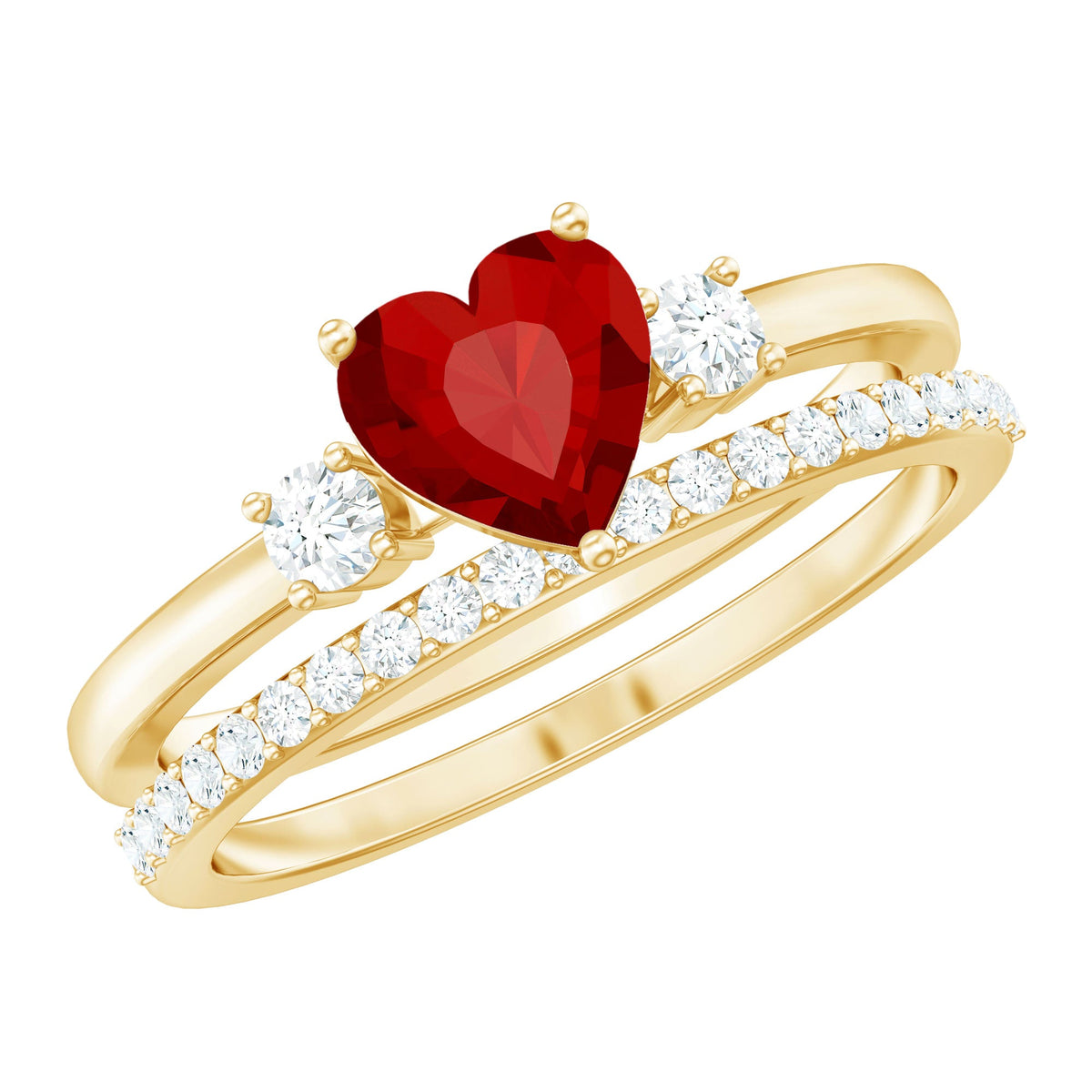 Heart Shape Created Ruby Ring Set with Diamond Enhancer
