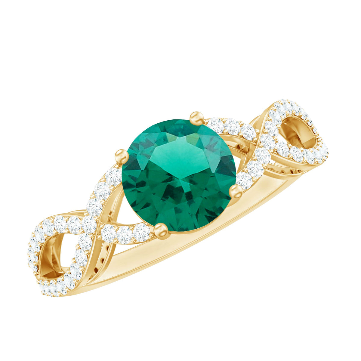 Lab Grown Emerald Ring – Solitaire Engagement with Diamond Crossover Shank