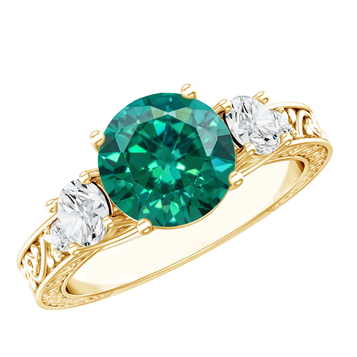 Lab Grown Emerald Ring – Antique Style Three Stone Engagement Ring with Moissanite Side Stones