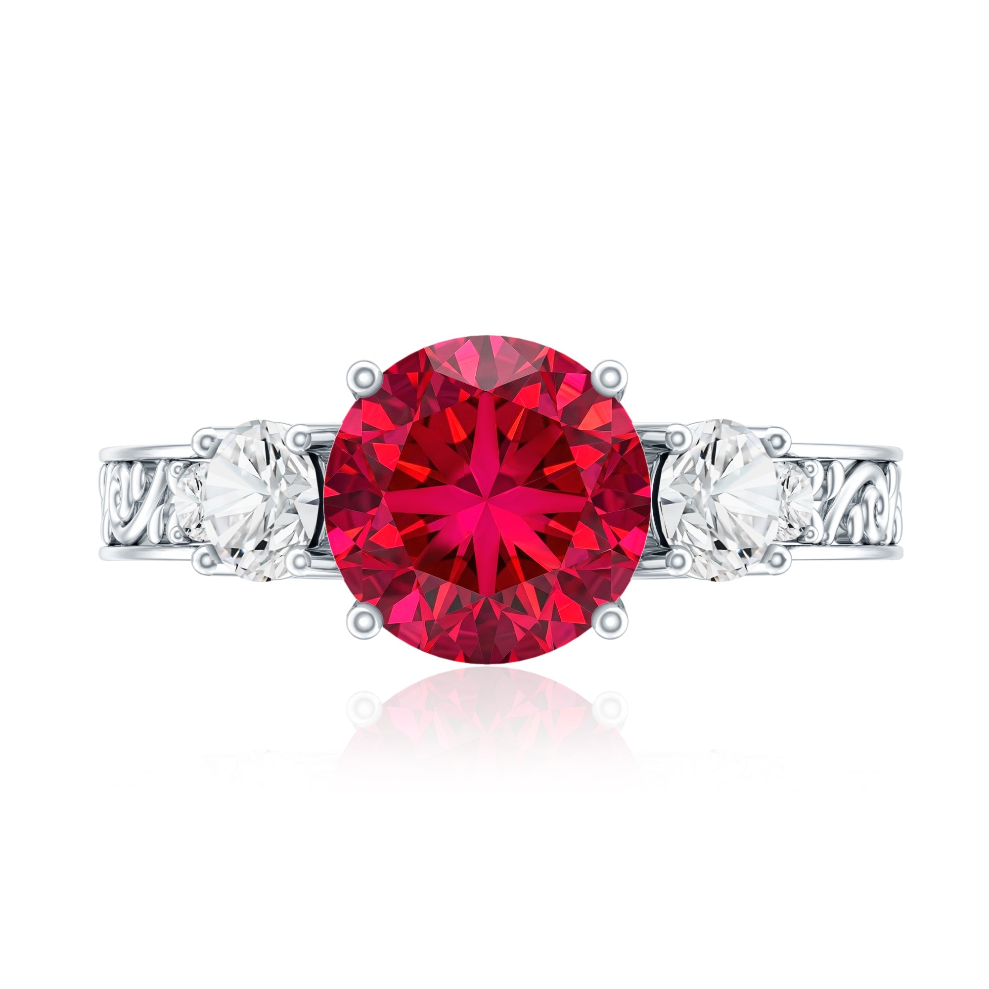Lab Grown Ruby and Moissanite 3 Stone Engagement Ring With Certificate