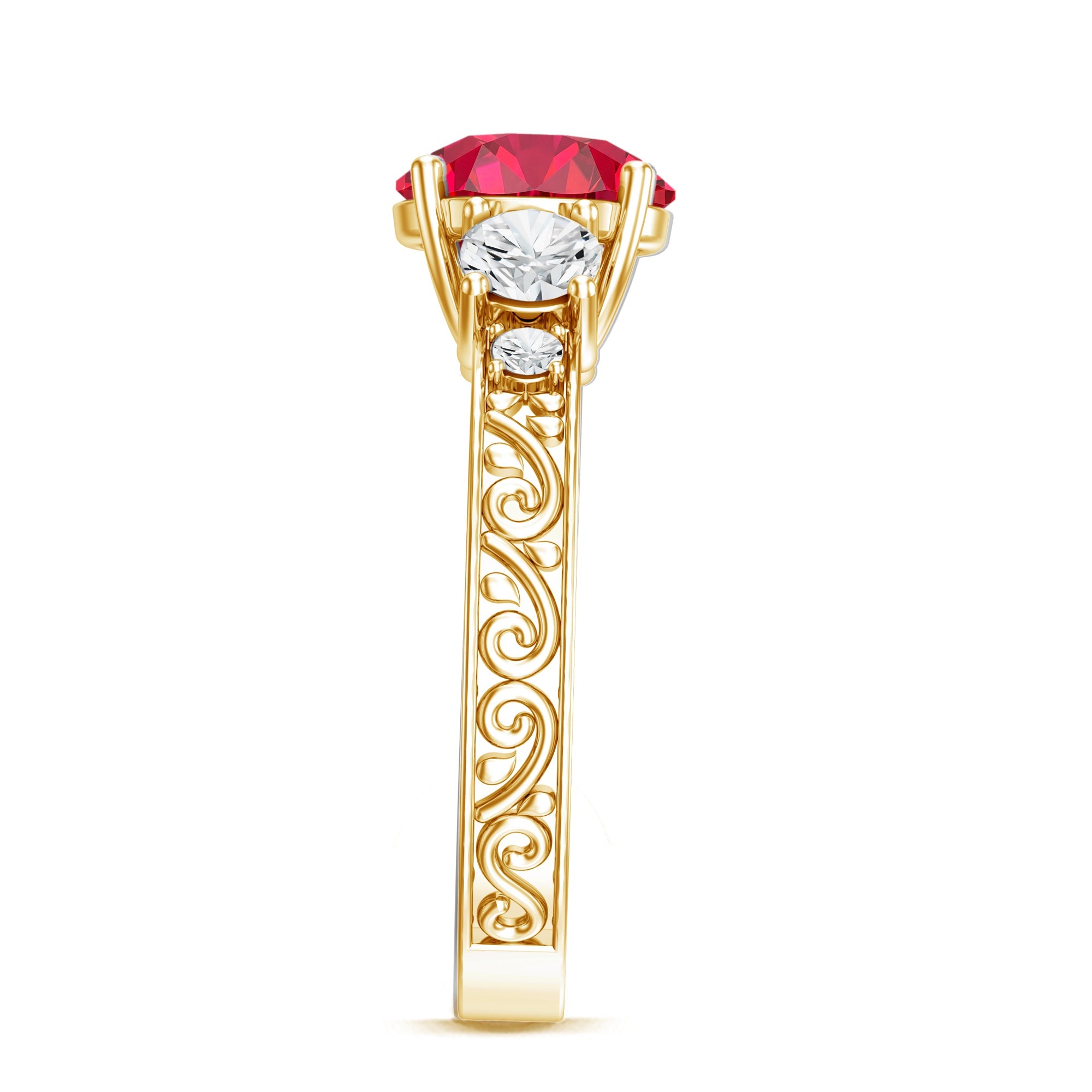 Lab Grown Ruby and Moissanite 3 Stone Engagement Ring With Certificate