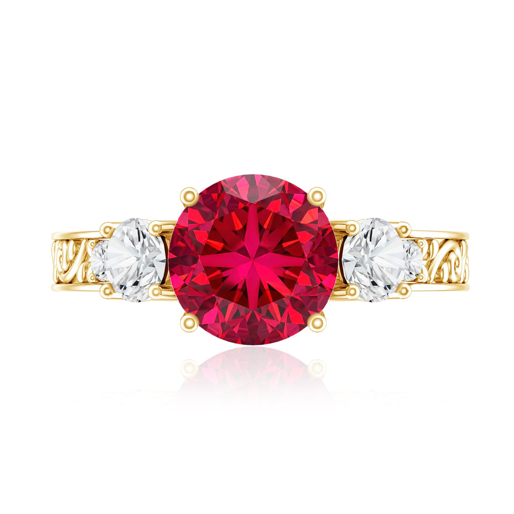 Lab Grown Ruby and Moissanite 3 Stone Engagement Ring With Certificate