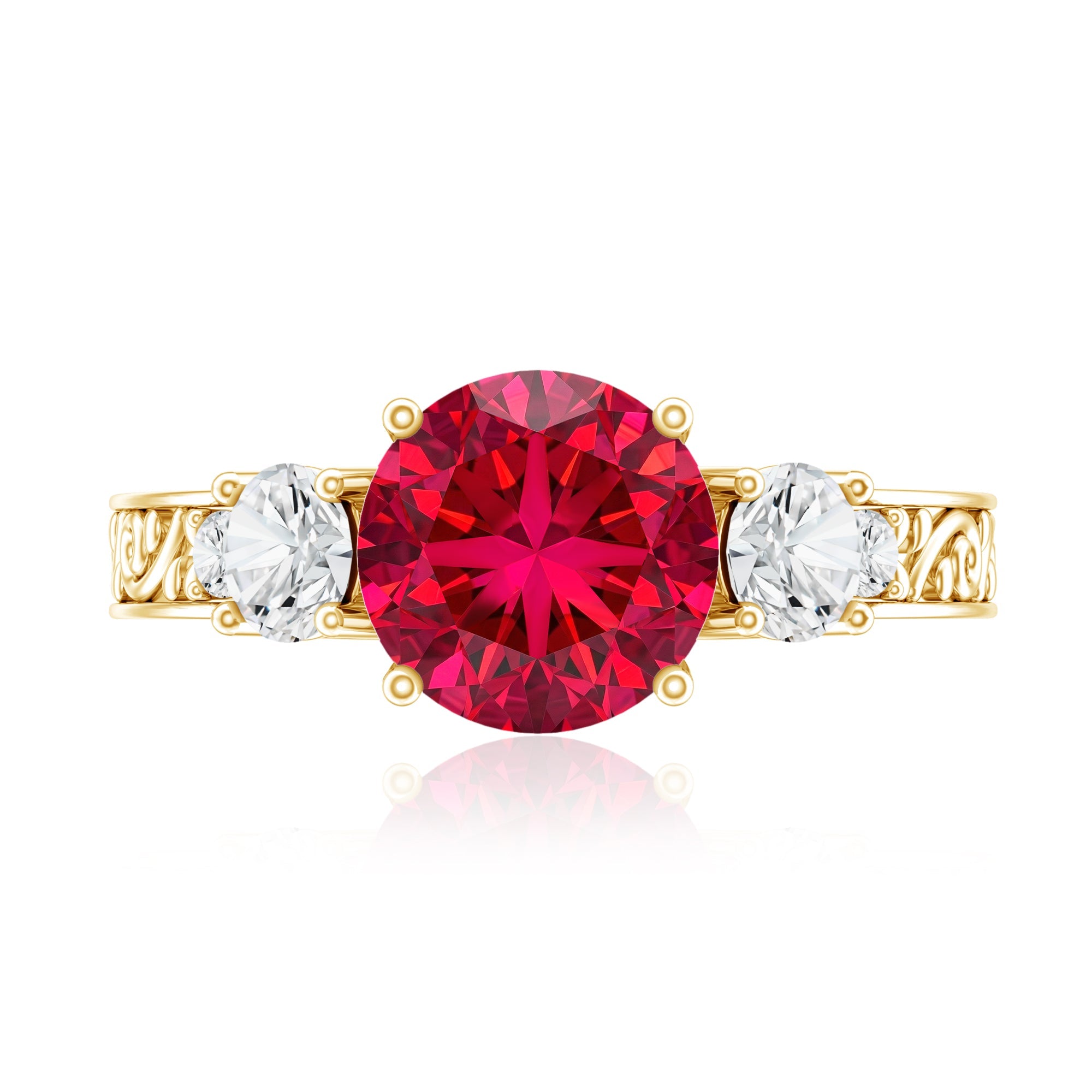 Lab Grown Ruby and Moissanite 3 Stone Engagement Ring With Certificate