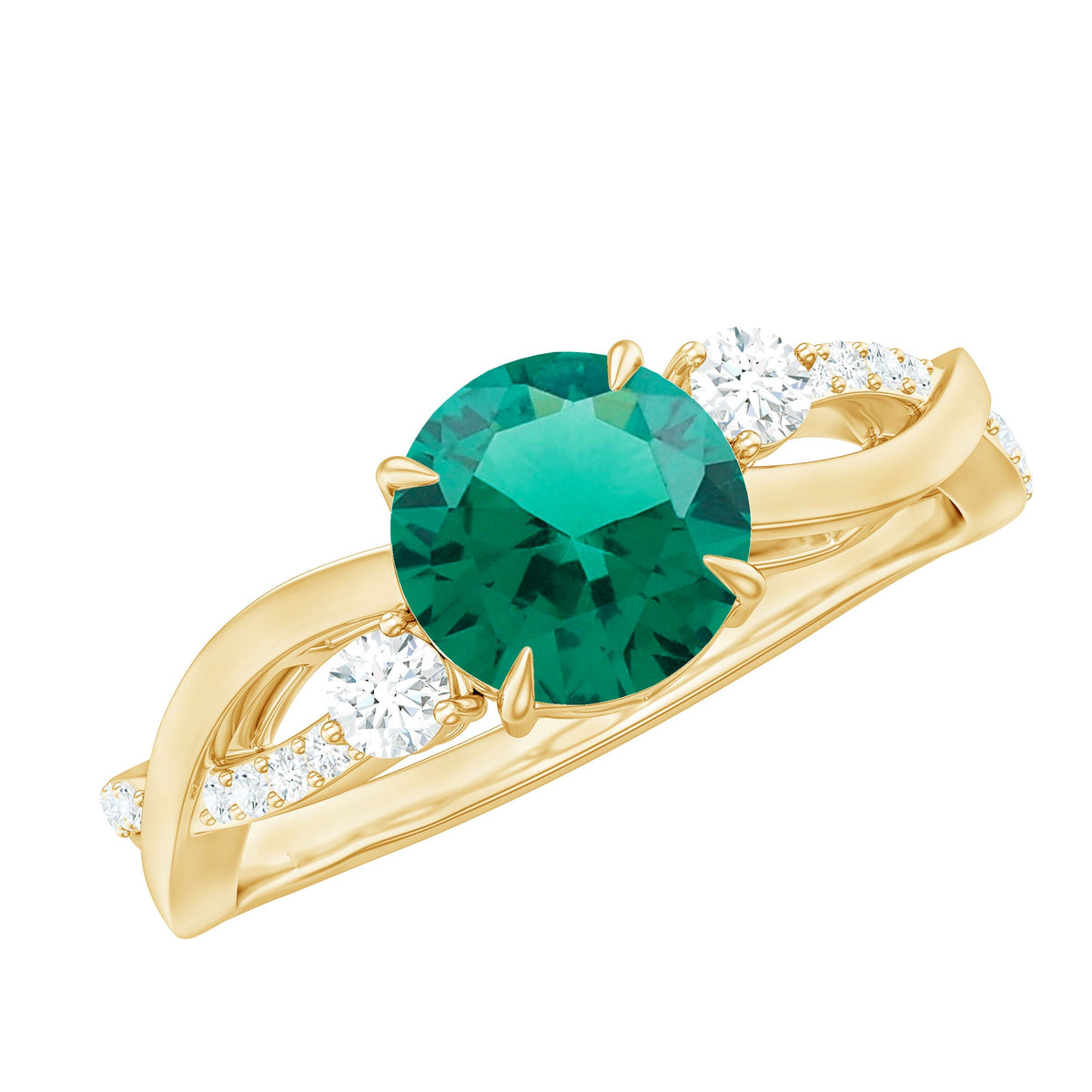 Lab Grown Emerald Ring – 2 Carat Solitaire Emerald Engagement Ring with Diamond Crossover Band