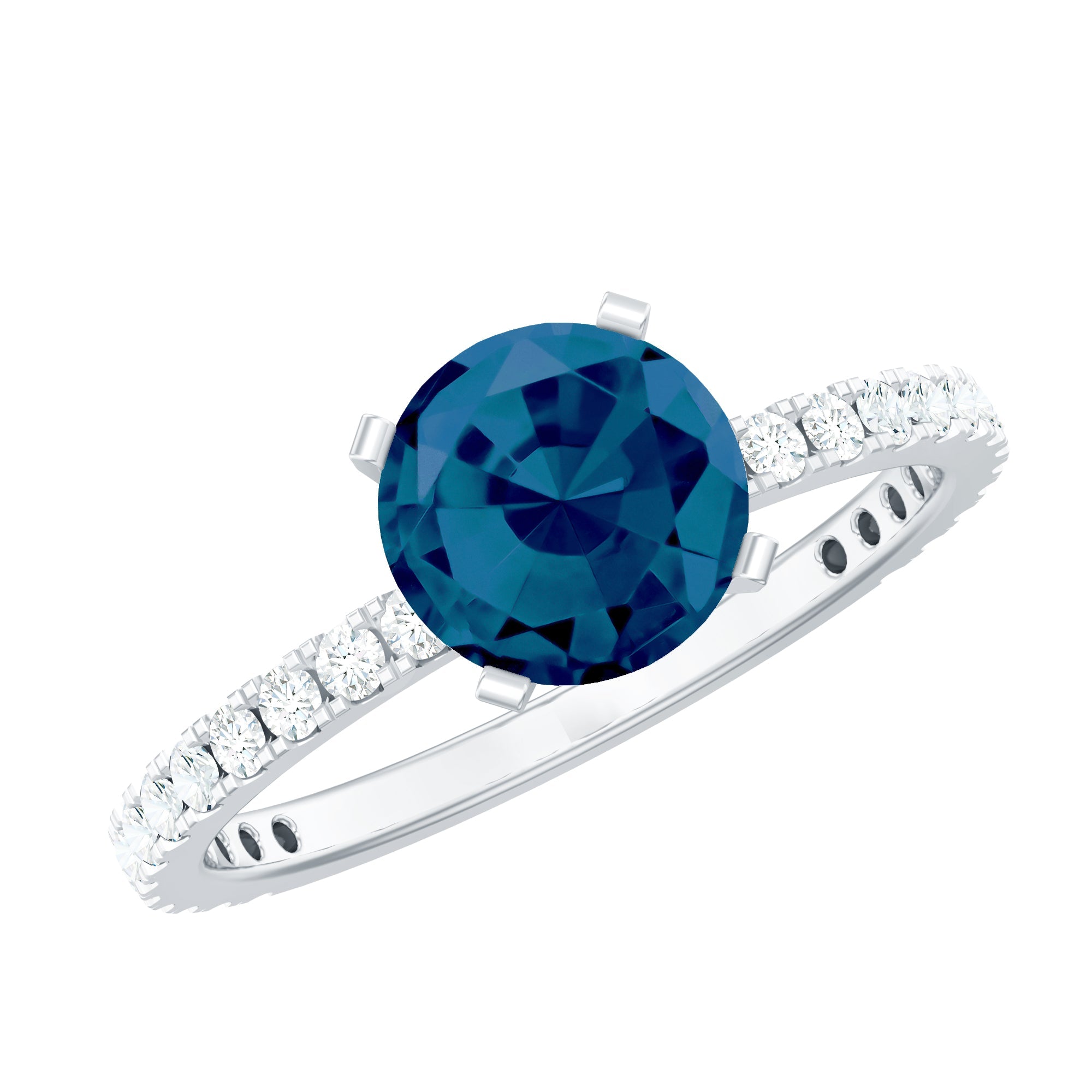 1.3 Carat Round London Blue Topaz Solitaire Ring with Diamond Side Stones