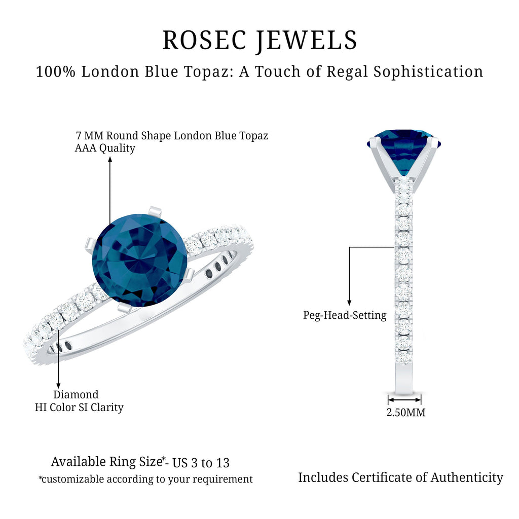 1.3 Carat Round London Blue Topaz Solitaire Ring with Diamond Side Stones