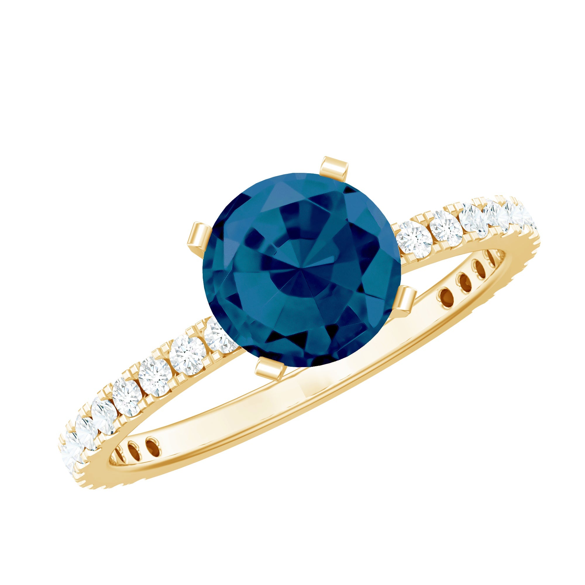 1.3 Carat Round London Blue Topaz Solitaire Ring with Diamond Side Stones